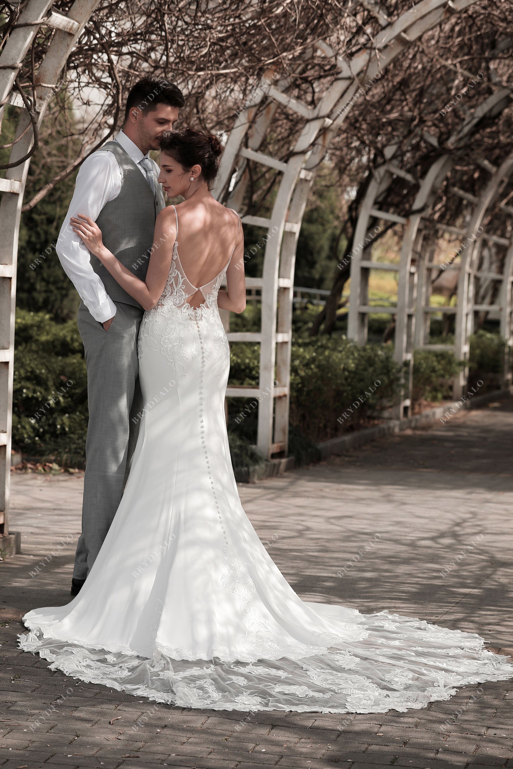 Designer Sheer Open Back Fall Wedding Dress