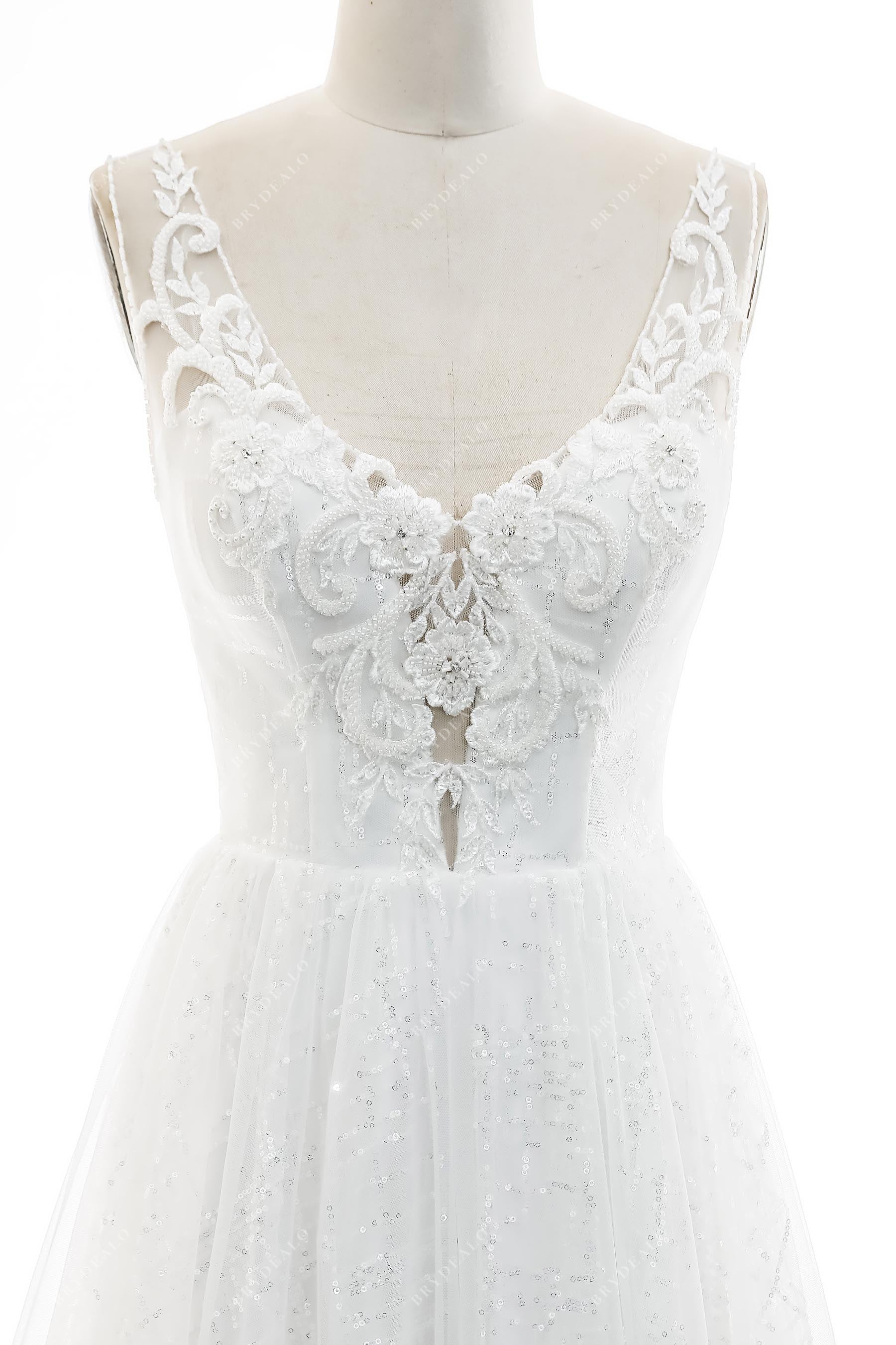 Sleeveless Illusion Neck Beaded Lace Bridal Dress