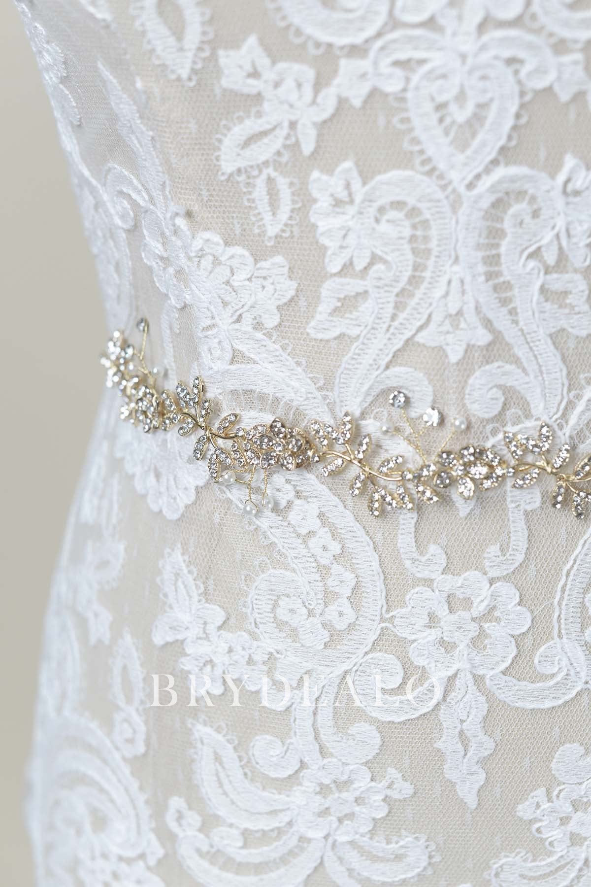 Fashion Golden Vine Bridal Sash Crystals and Pearls