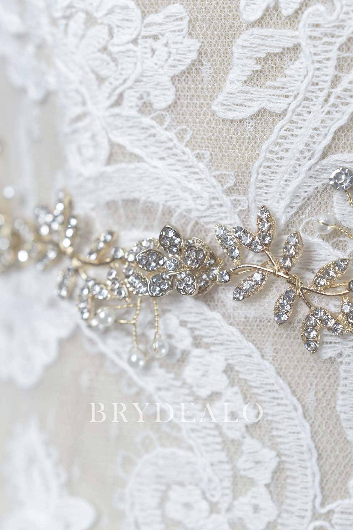 Crystals Pearls Elegant Golden Vine Bridal Sash