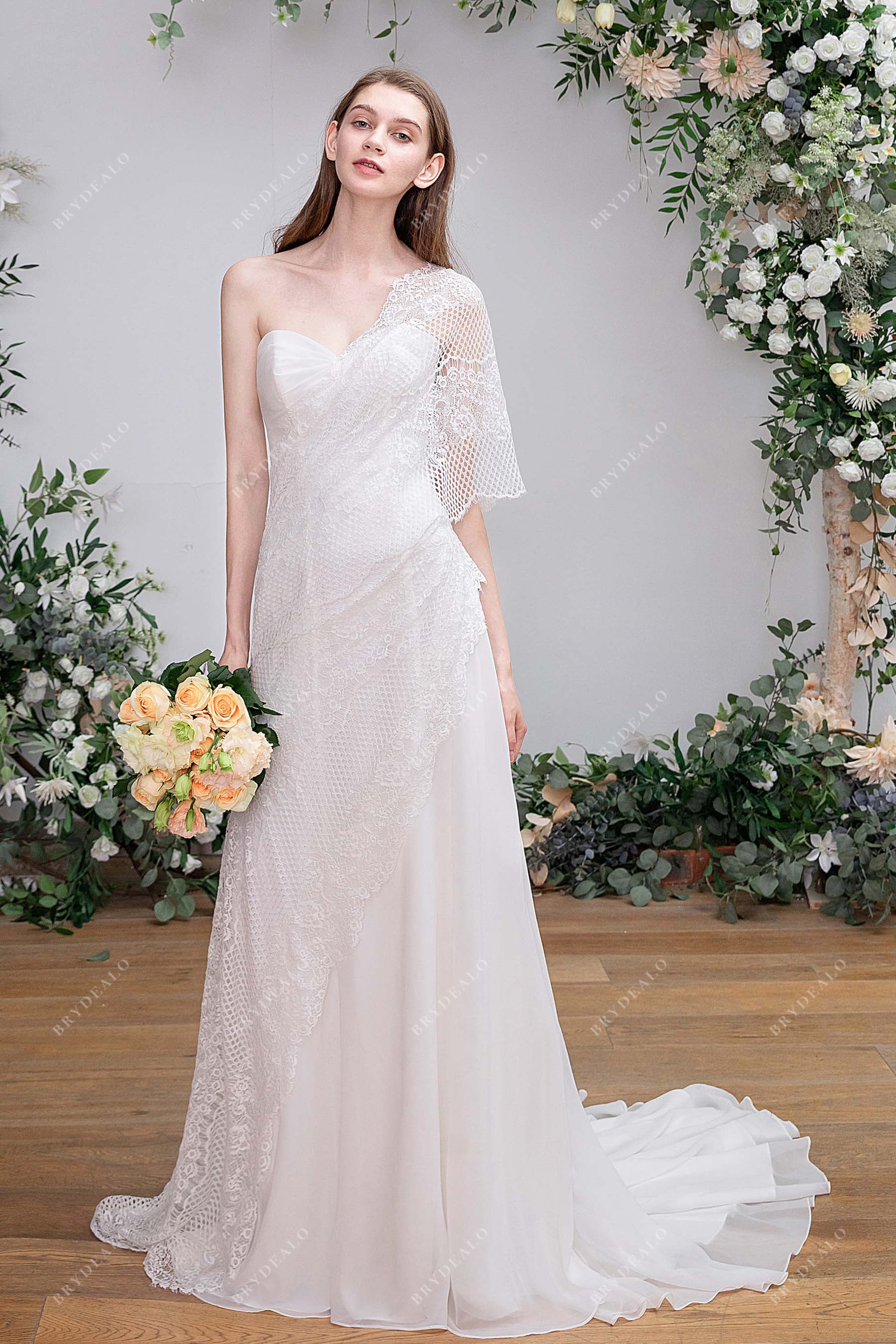 Grecian Lace Chiffon Asymmetric Summer Wedding Dress