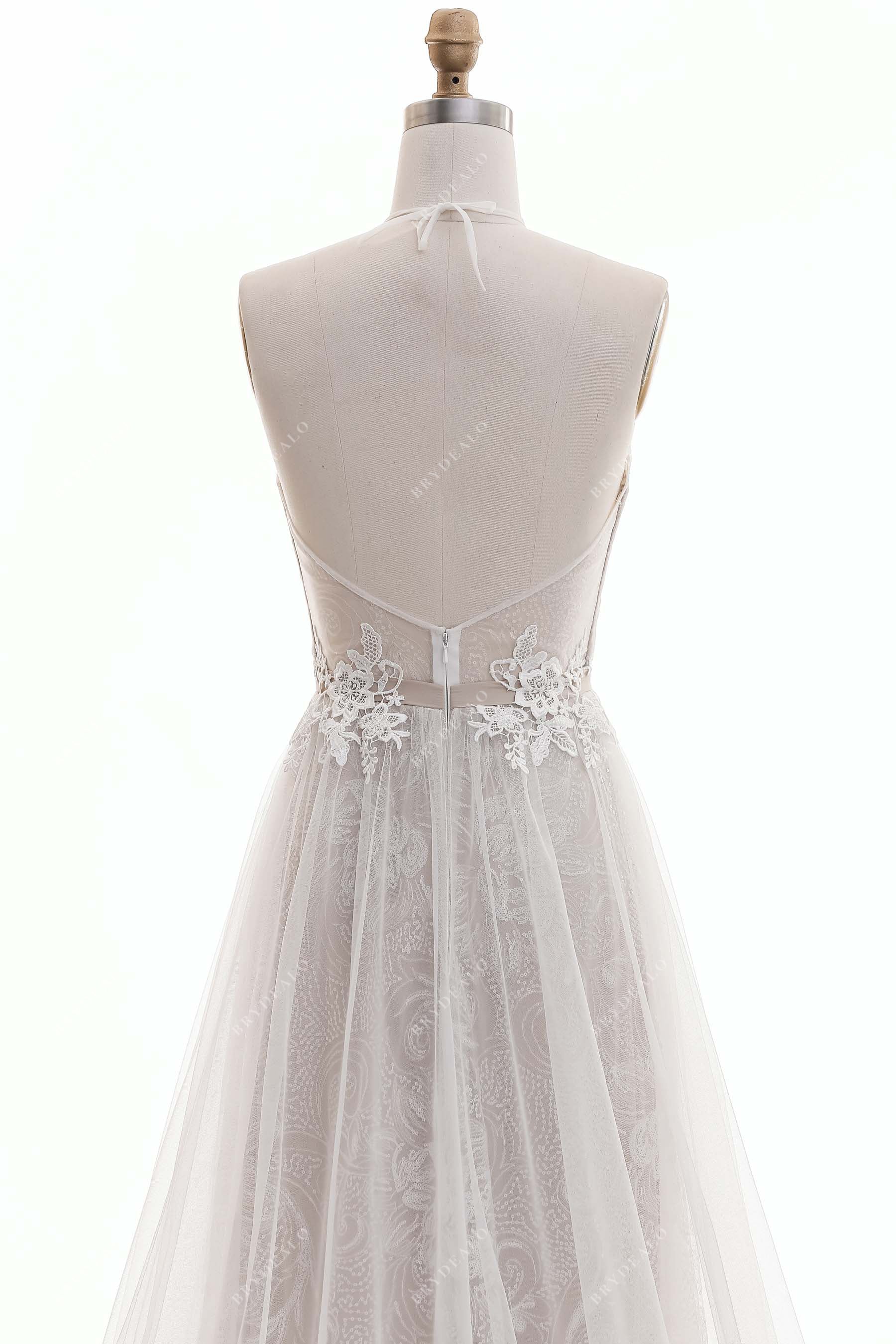 Halter Open Back Lace Beige Destination Wedding Dress