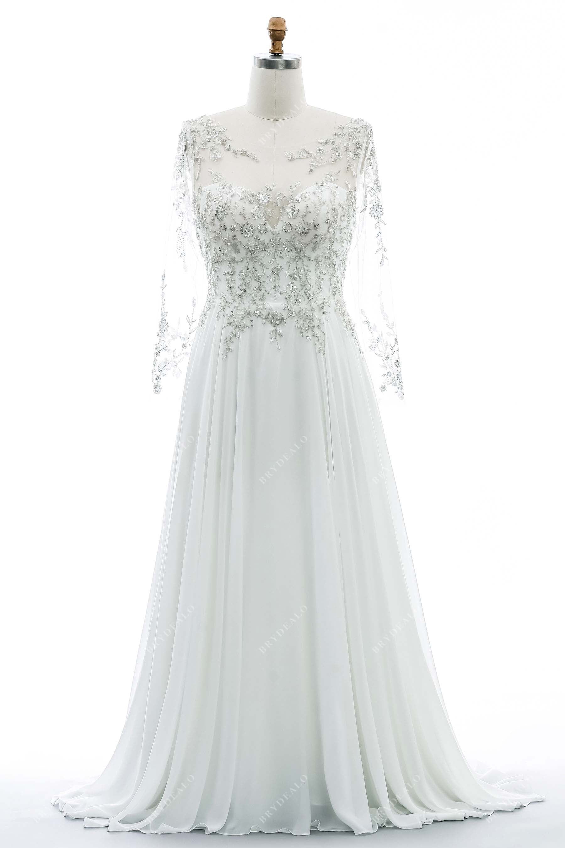 Plus Size Lace Sheer Sleeve A-line Chiffon Wedding Dress