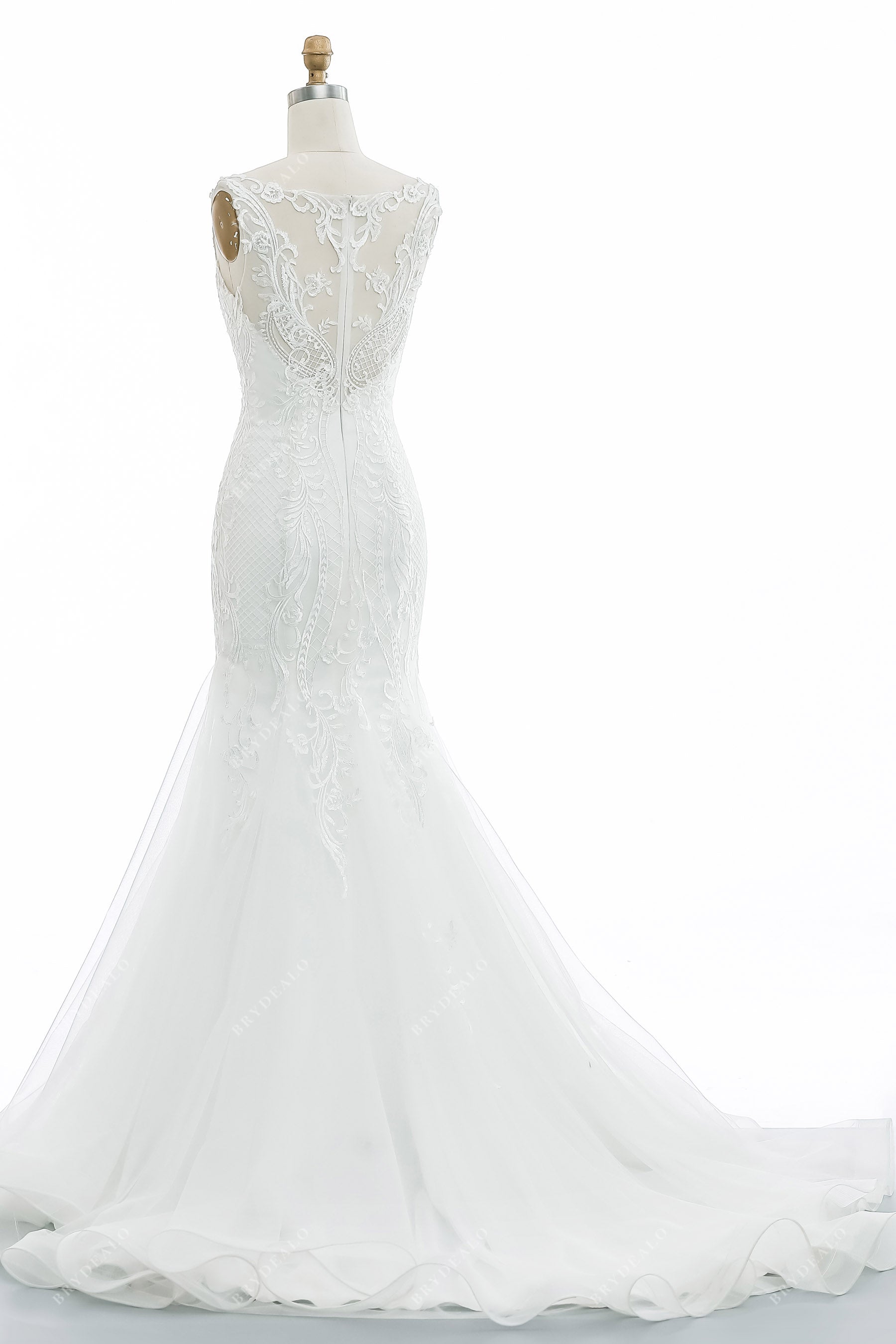 sweep train illusion back lace tulle wedding gown