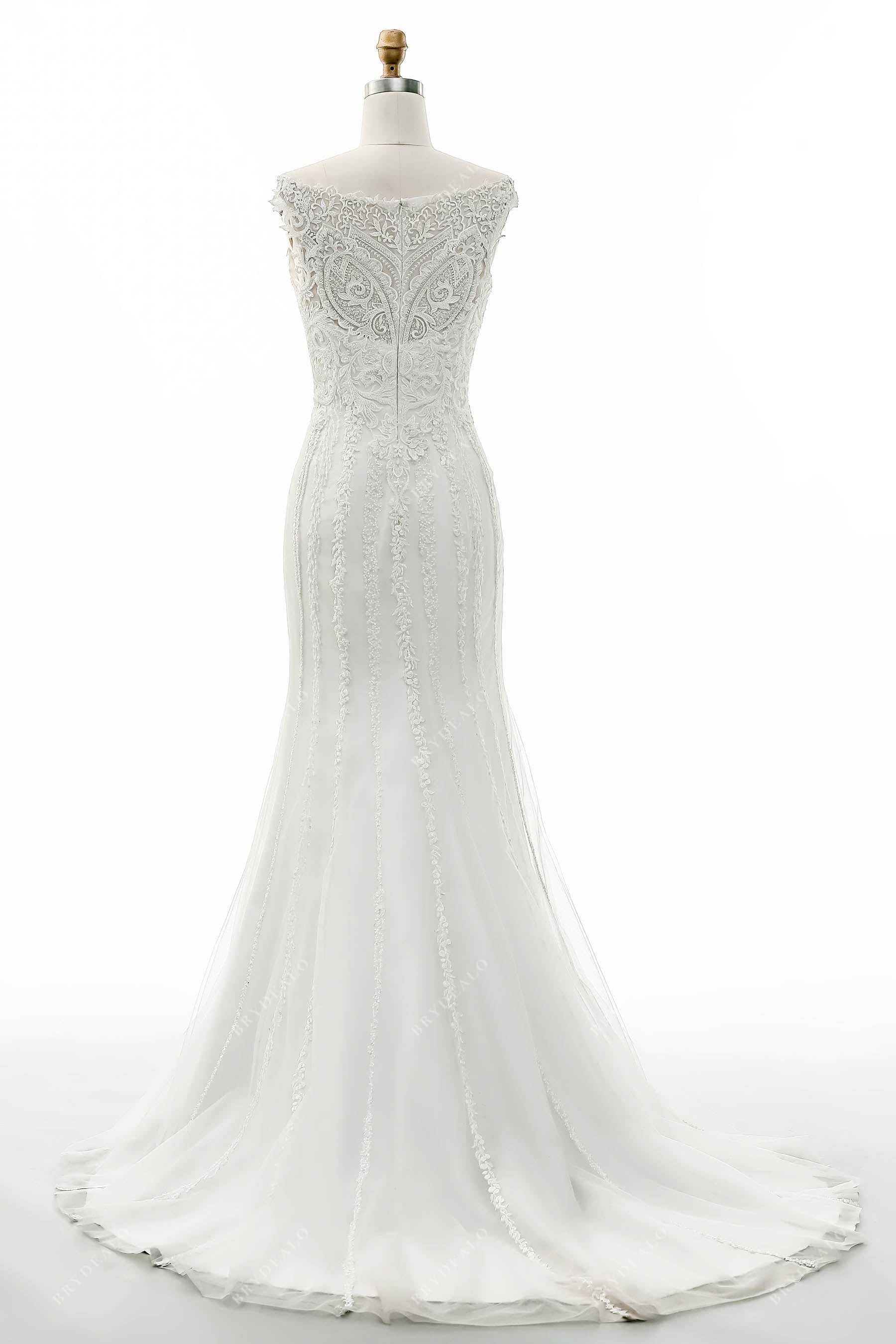 elegant long chapel train illusion back mermaid wedding dress