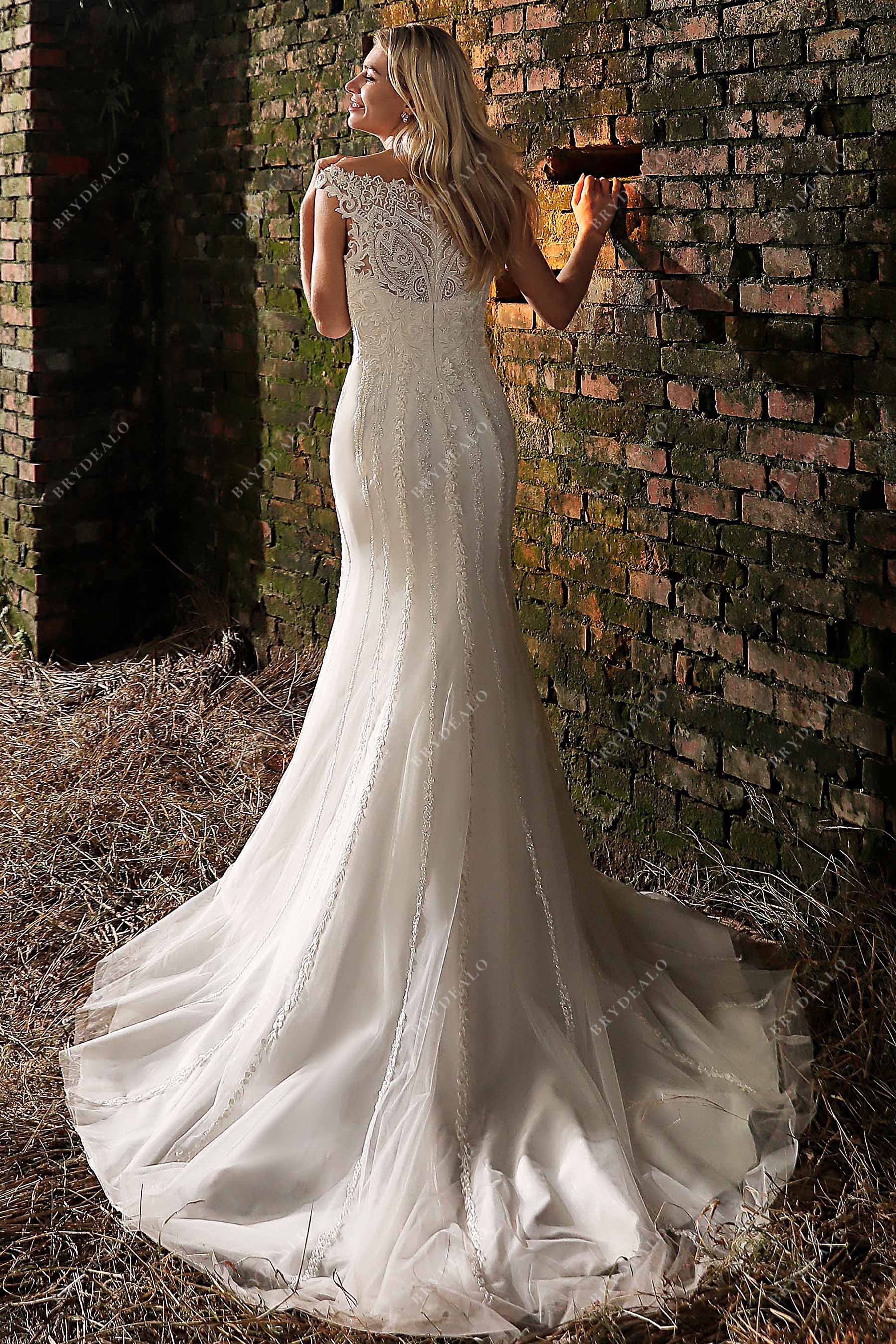 illusion back beaded lace mermaid bridal gown