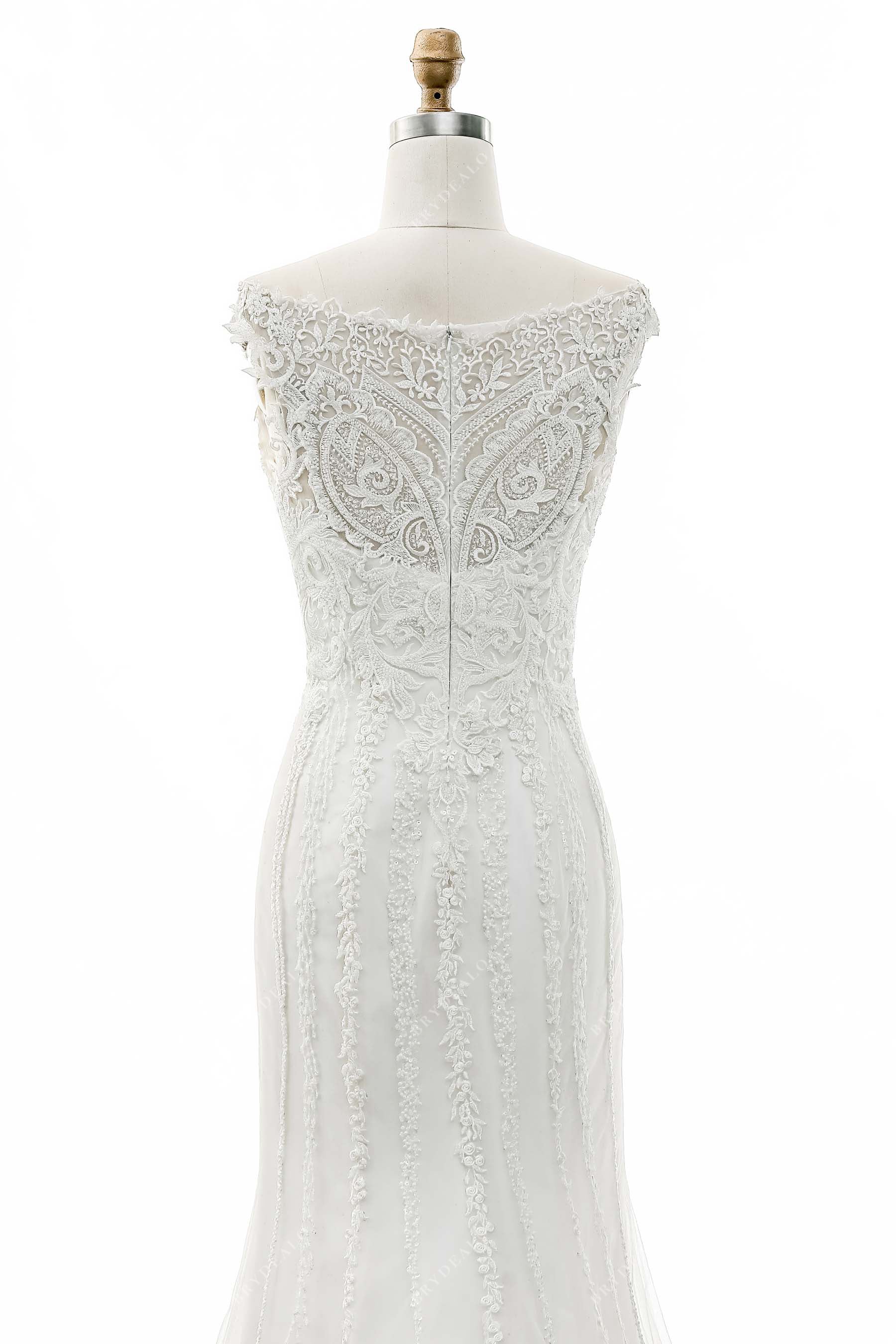 illusion back off-shoulder beaded lace designer bridal gown