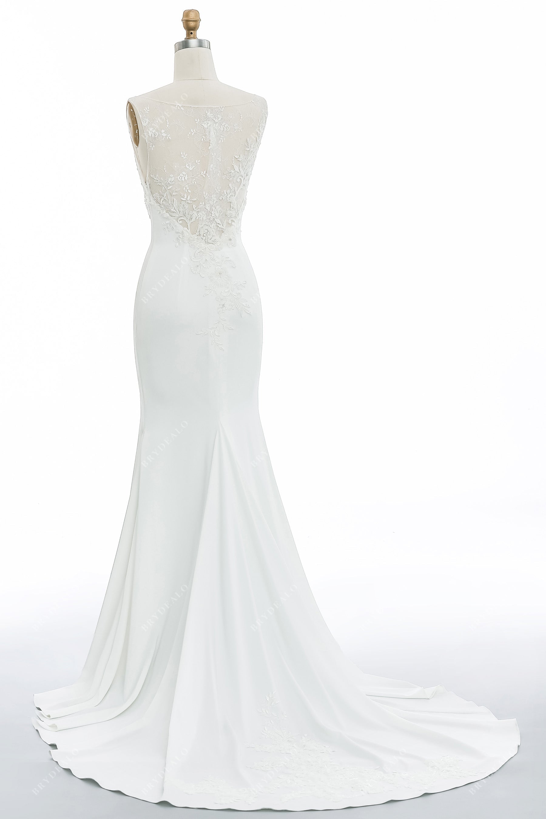 chapel train mermaid satin lace illusion back bridal gown