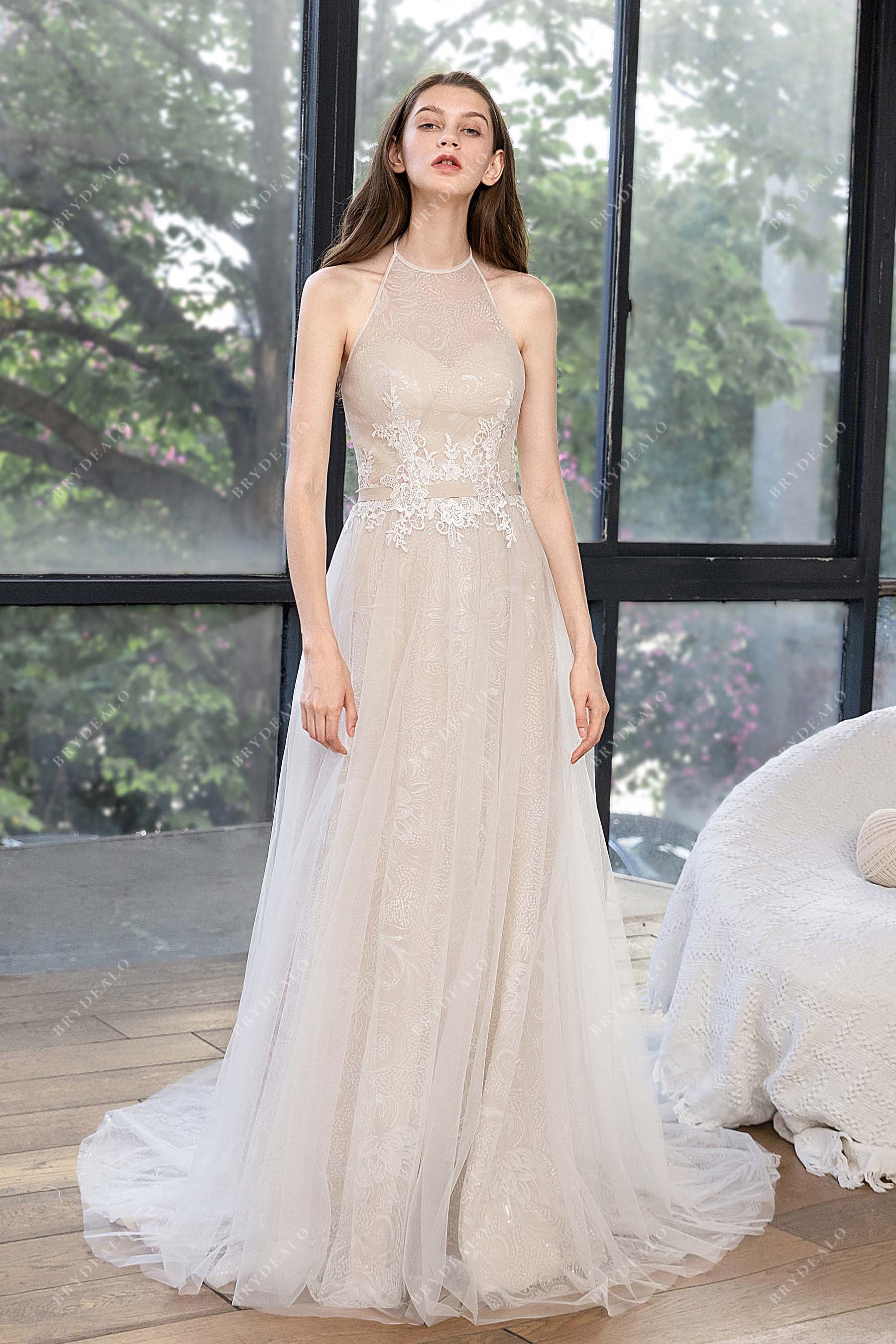 Illusion Halter Lace Lightweight Designer Nude Wedding Dress