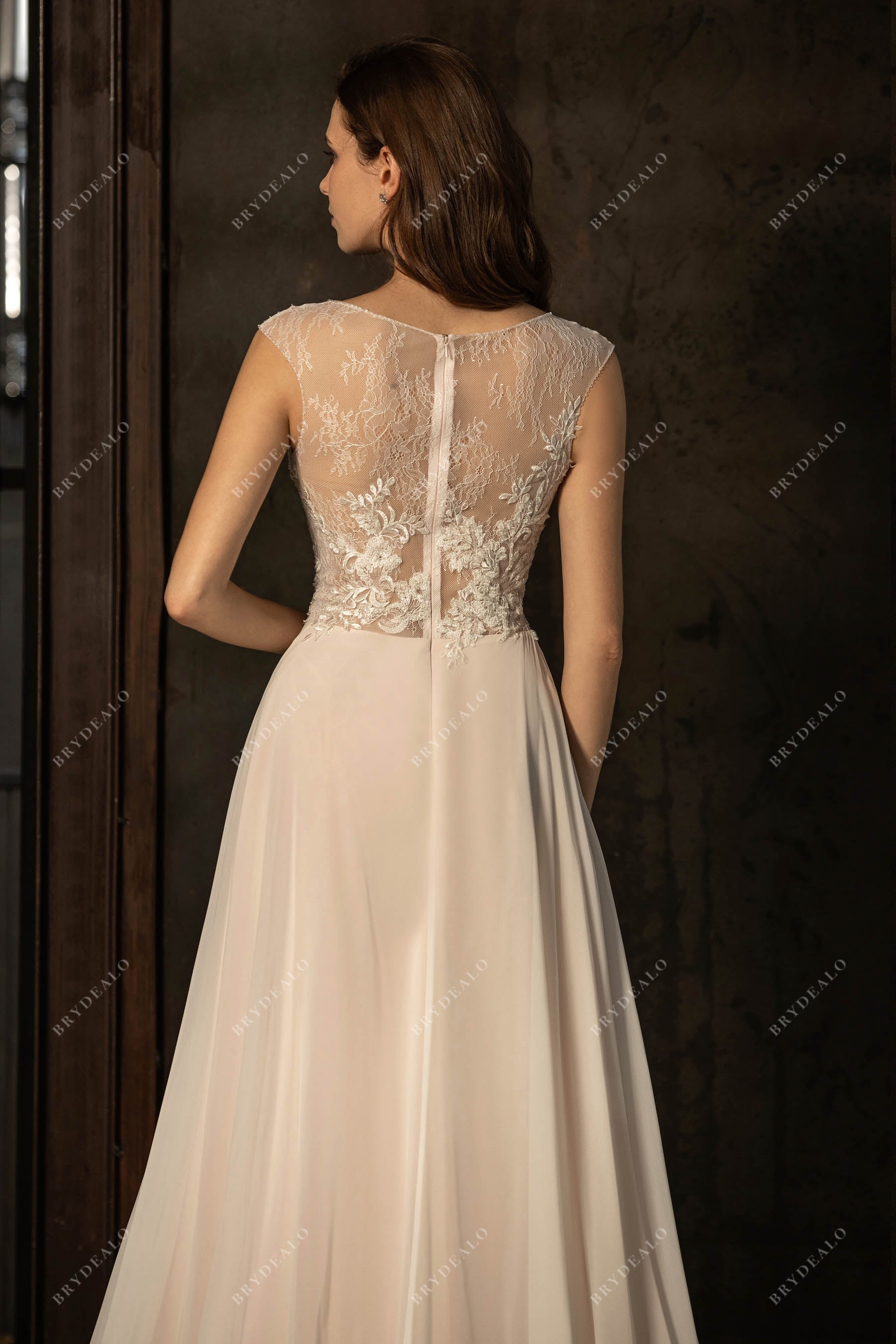 Illusion Lace Back cap sleeve Beach Wedding Dress
