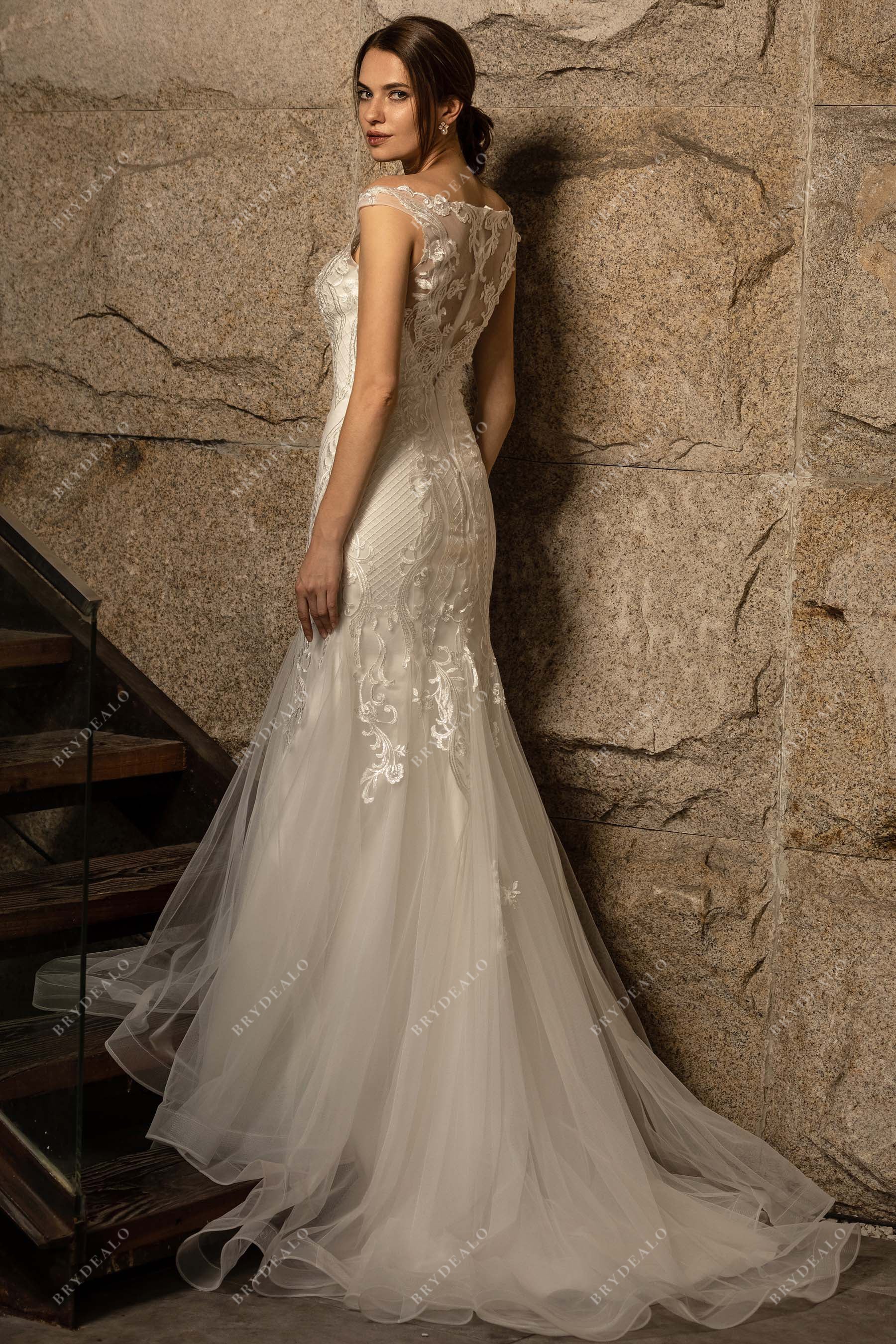 illusion lace back mermaid sweep train wedding dress