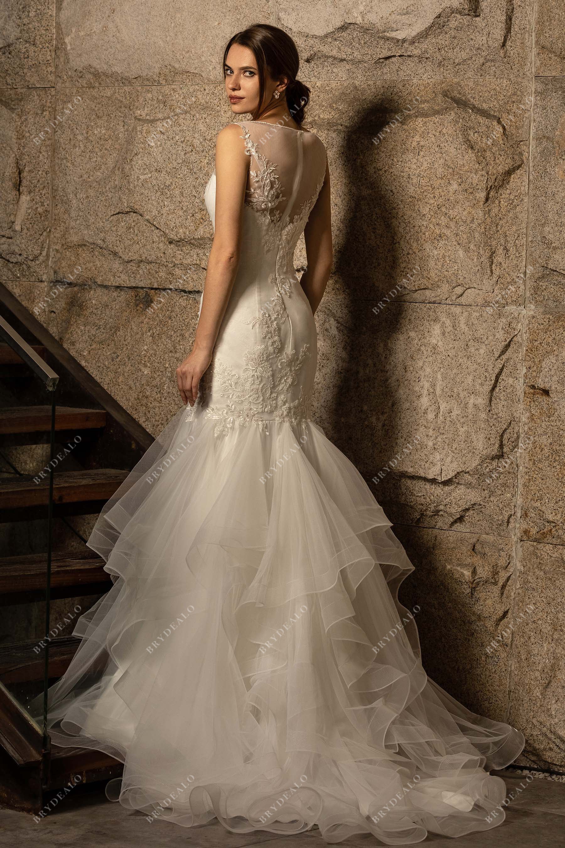 sleeveless illusion lace back ruffled wedding dress