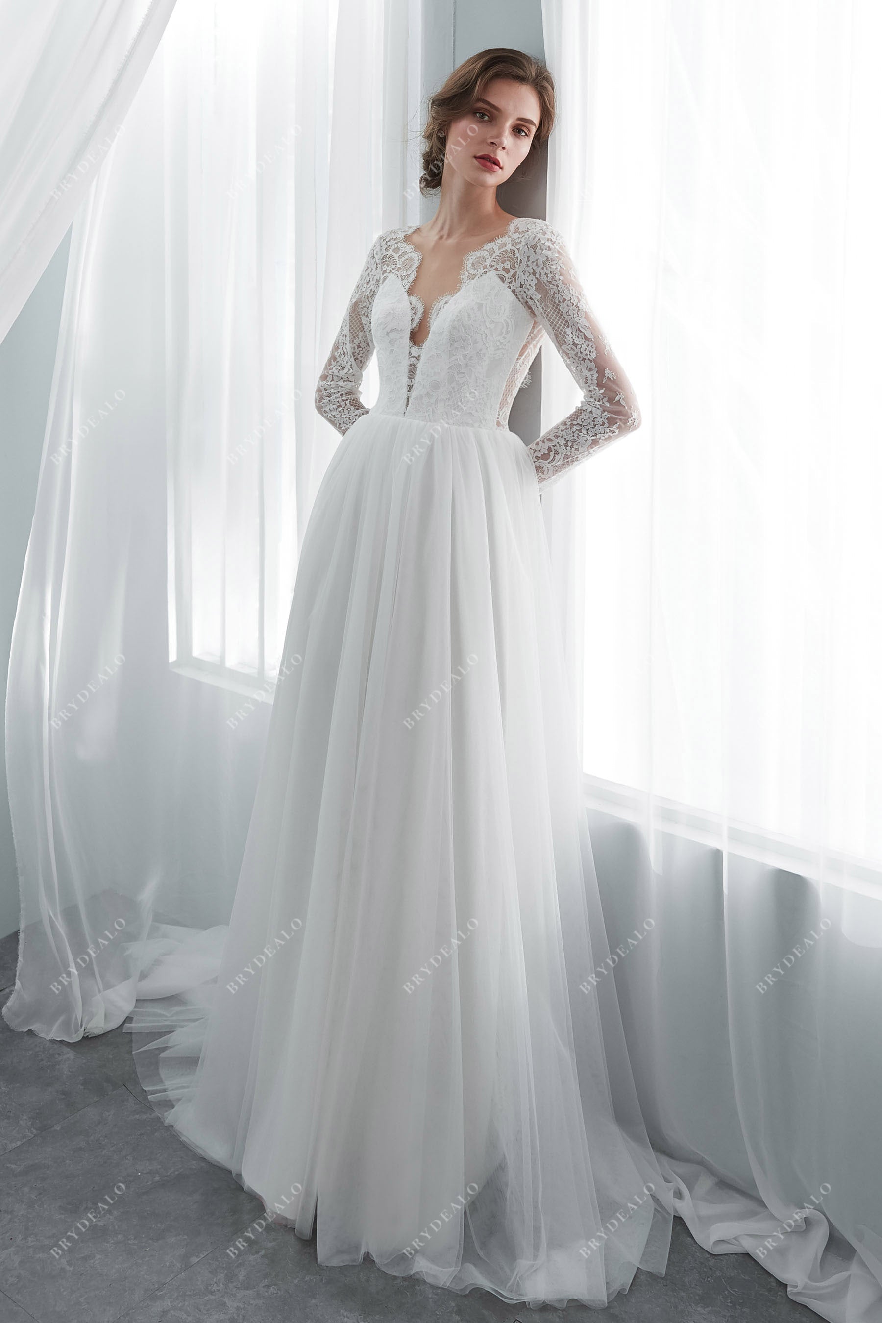Illusion Long Sleeve Scallop Neck Boho Wedding Dress
