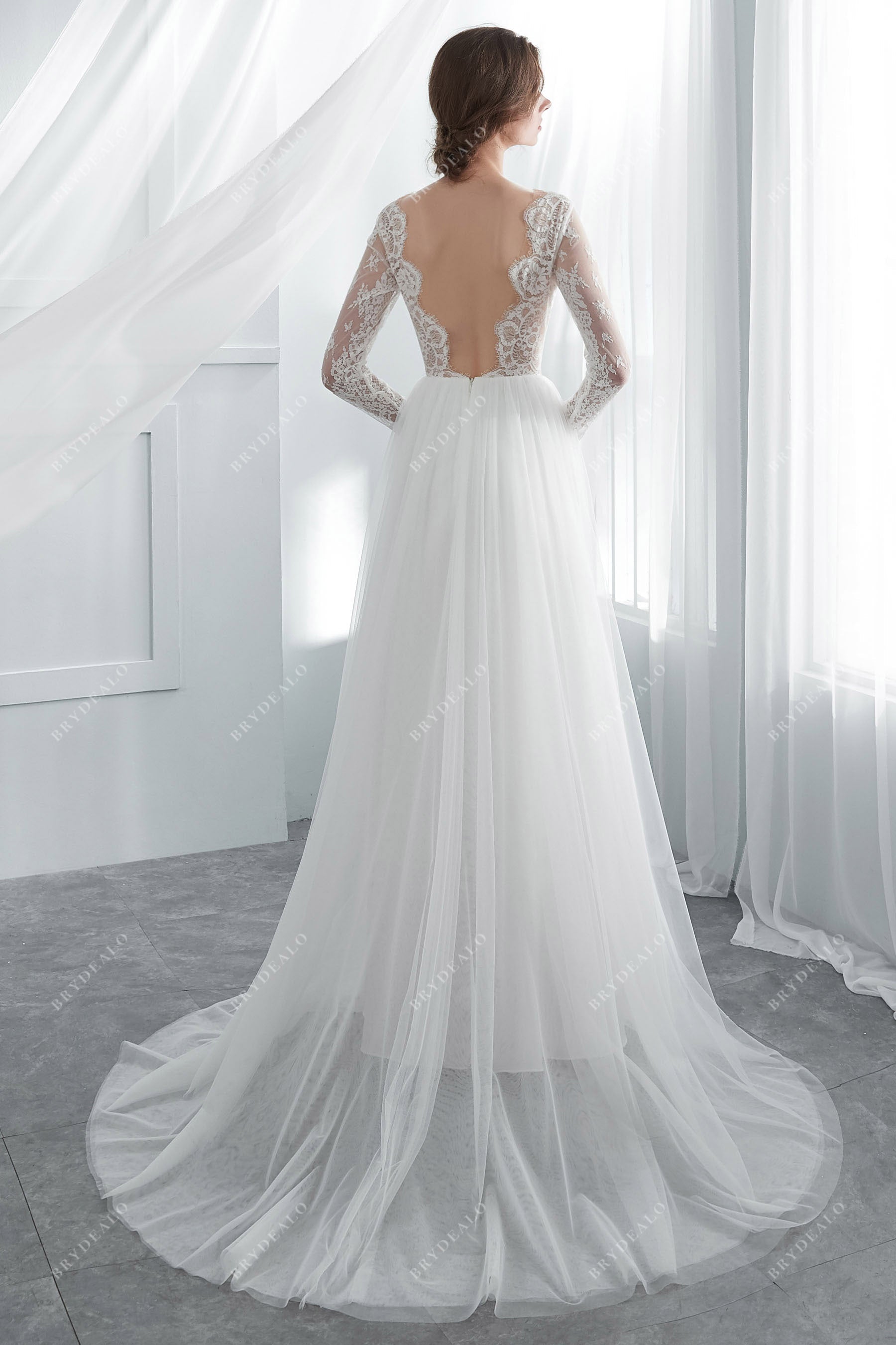Sheer Sleeve Scallop Neck Summer Wedding Dress