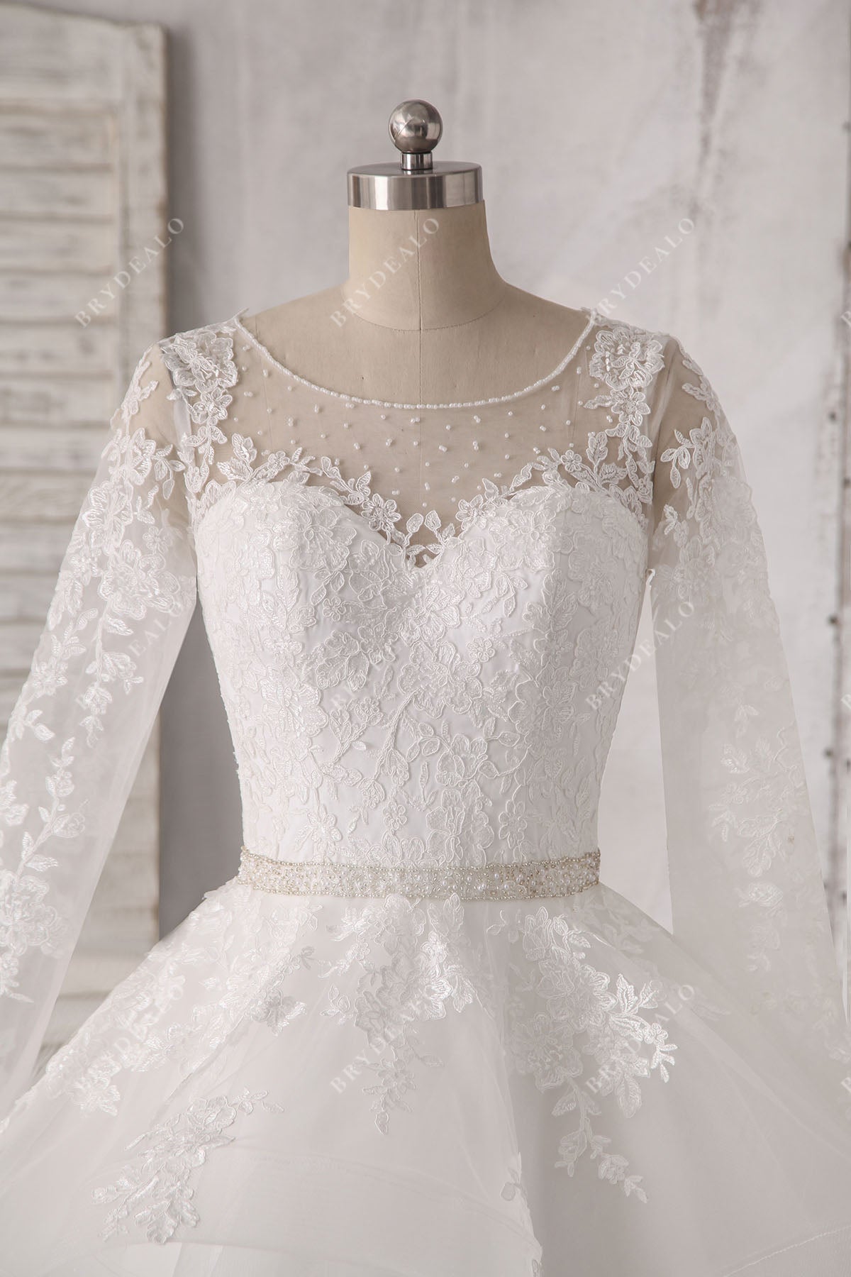 illusion neck long sleeve beaded lace wedding gown
