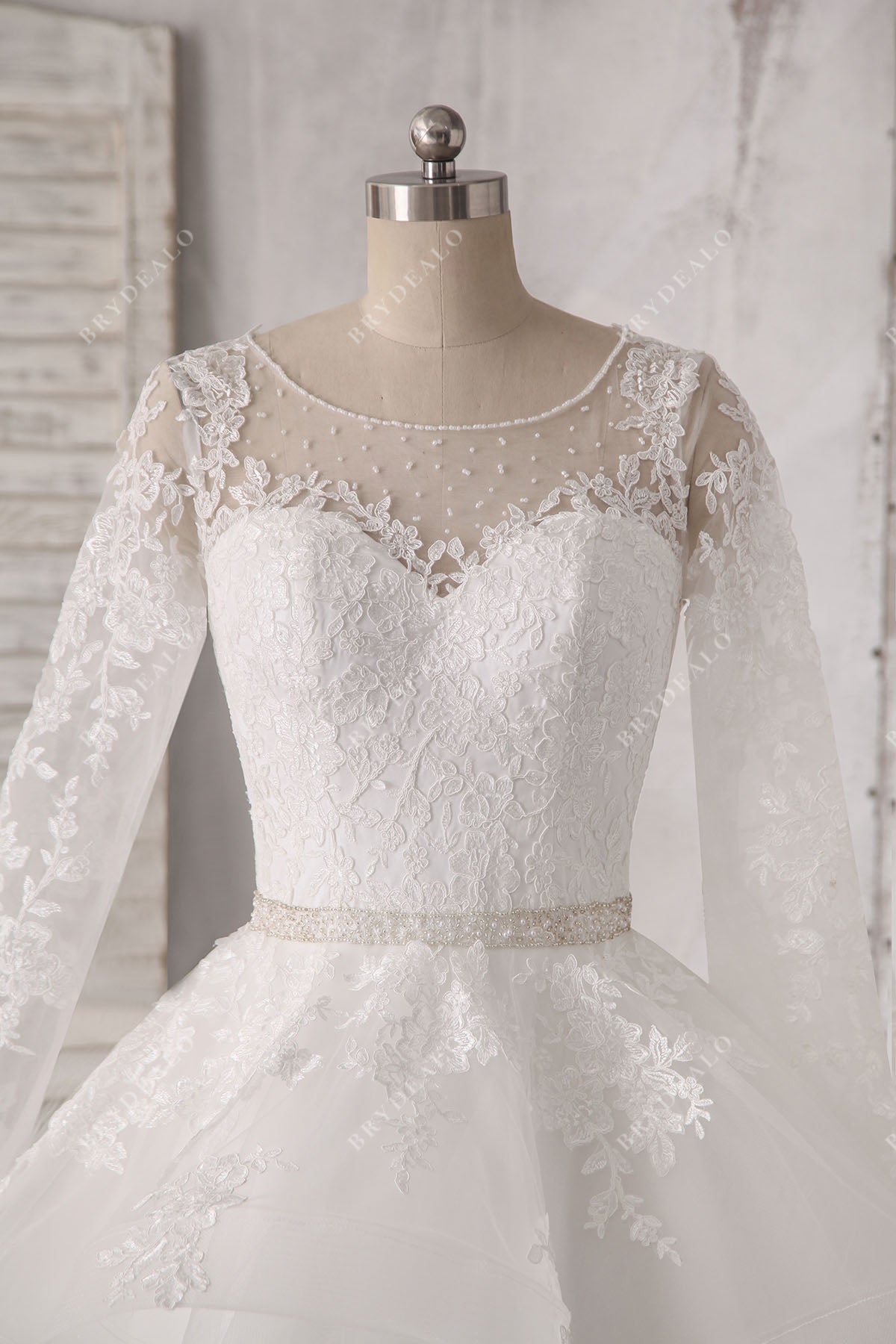 illusion neck long sleeve beaded lace wedding gown
