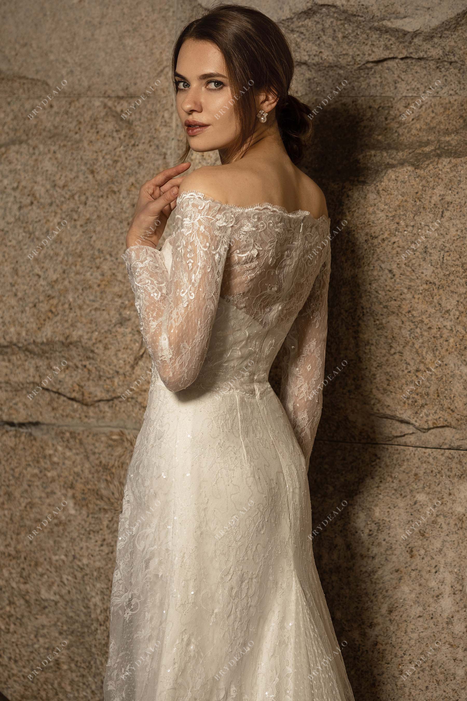 illusion off-shoulder long sleeve lace destination bridal dress