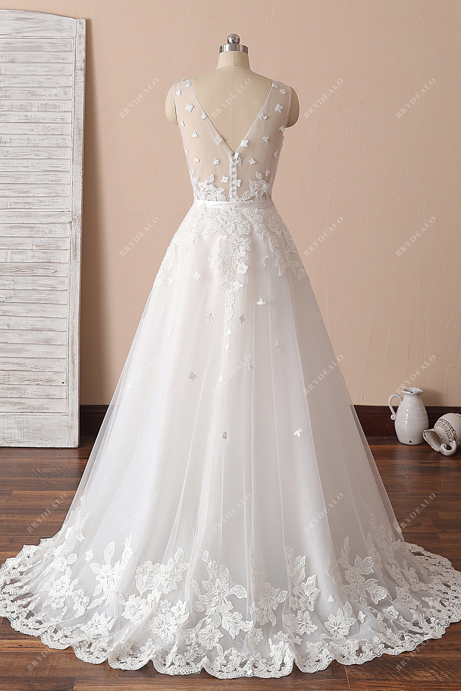 illusion V-back modern tulle overskirt bridal dress