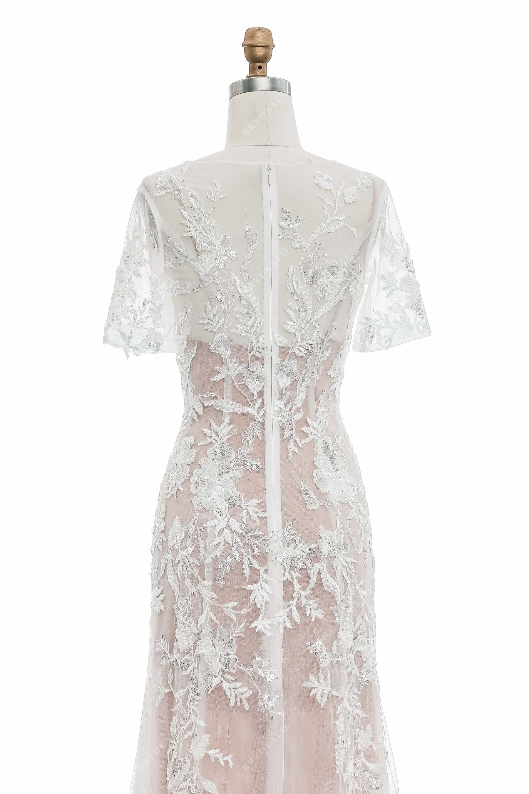 illusion back short sleeve designer lace bridal gown