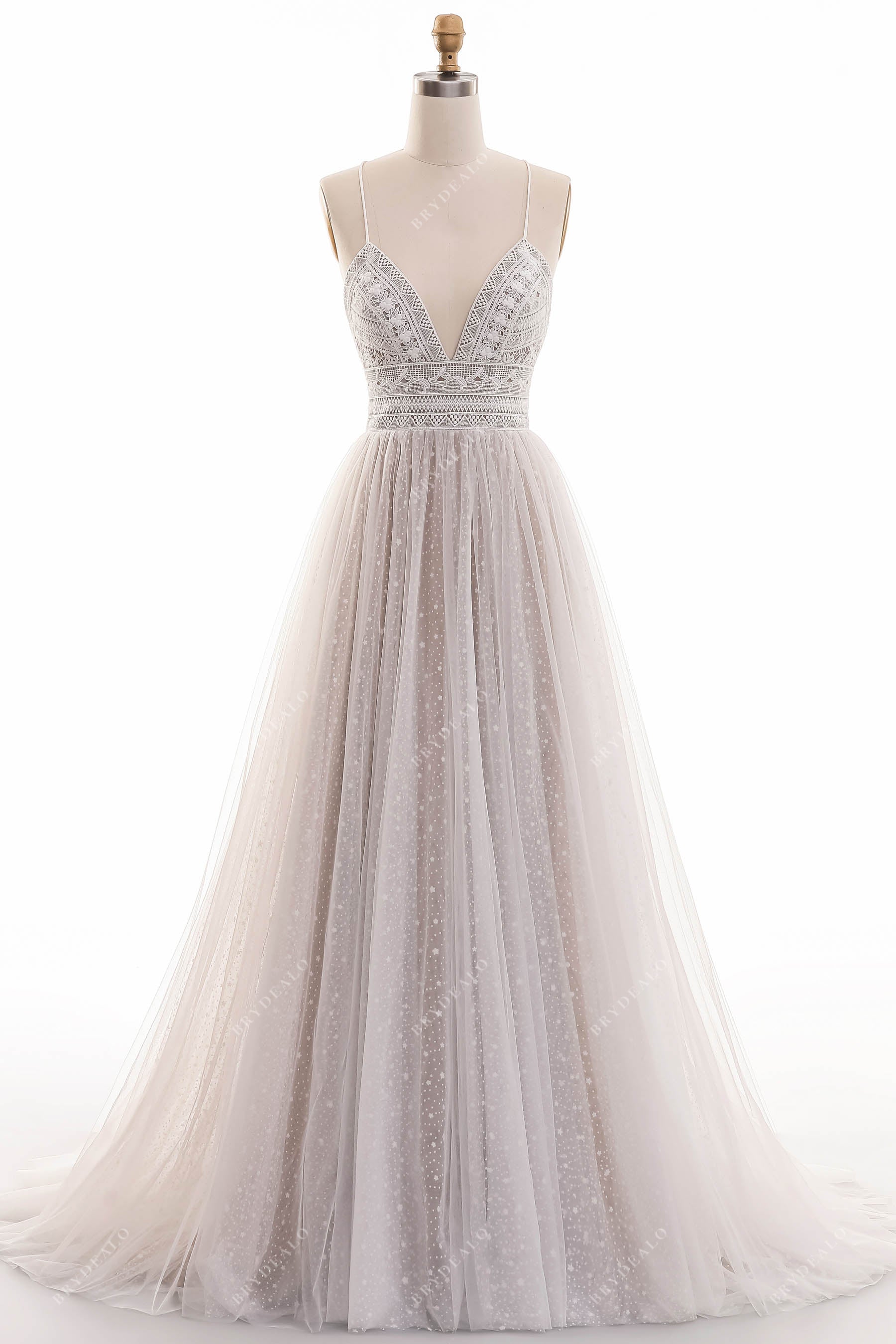 ivory lace overlaid A-line beach bridal gown