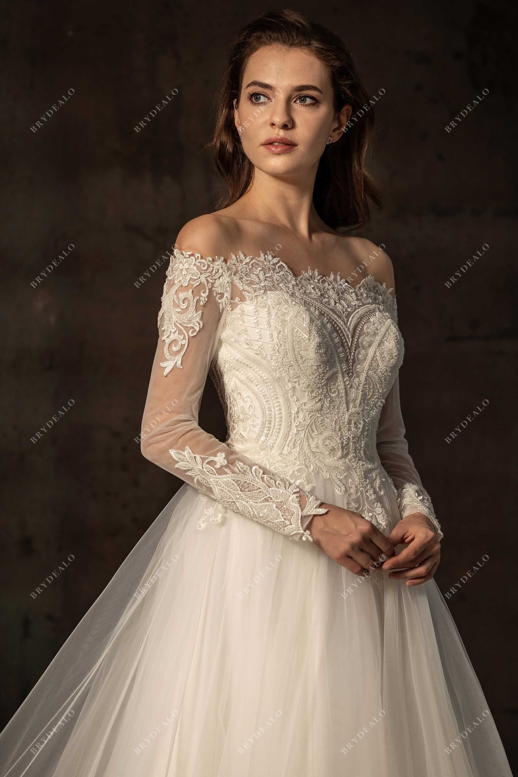 Off Shoulder Sleeved Regal Geometric Lace Wedding Gown Brydealo Off Shoulder Sleeved Regal Geometric Lace Wedding Gown Brydealo