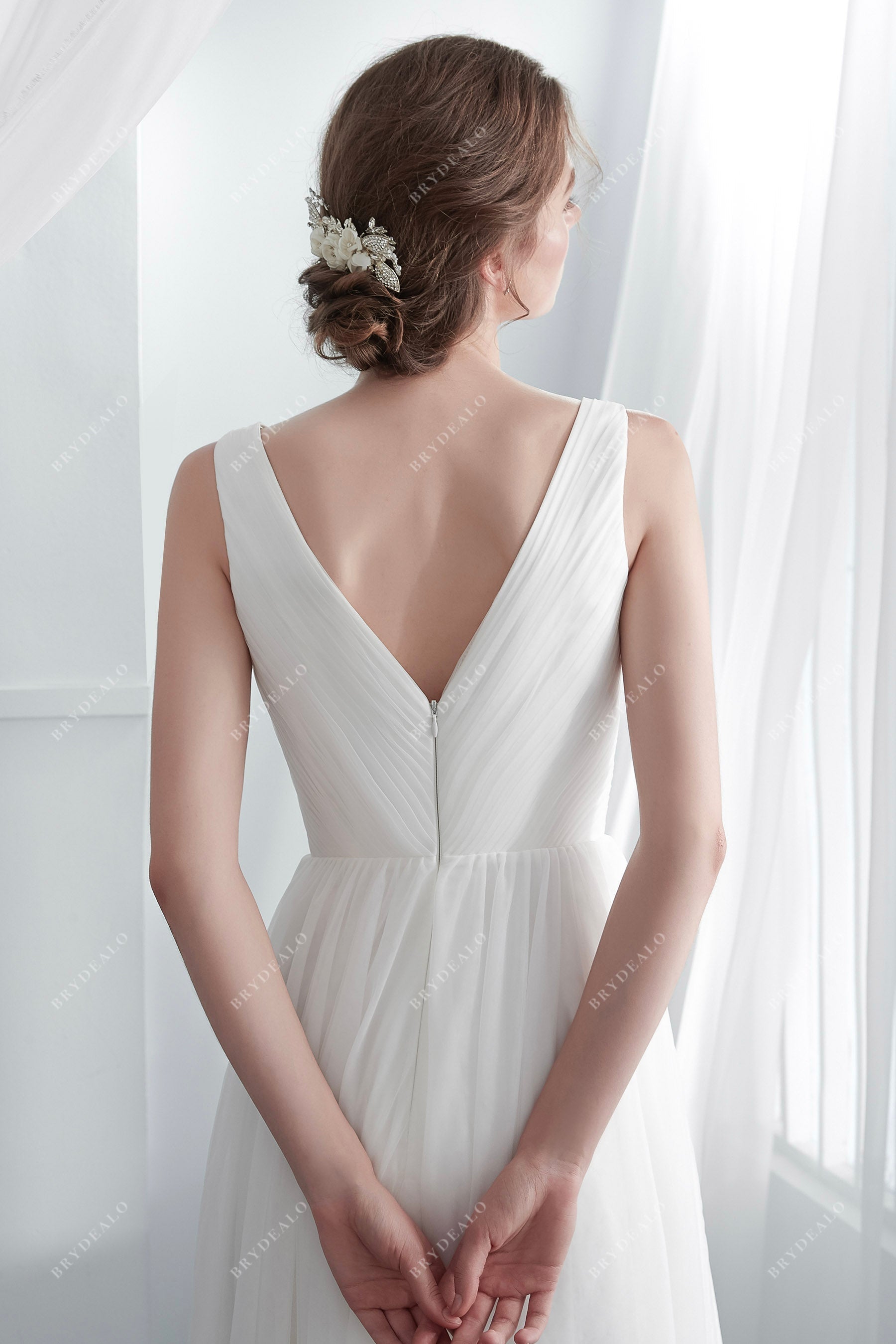 Pleated V-Back Tulle Destination Wedding Dress