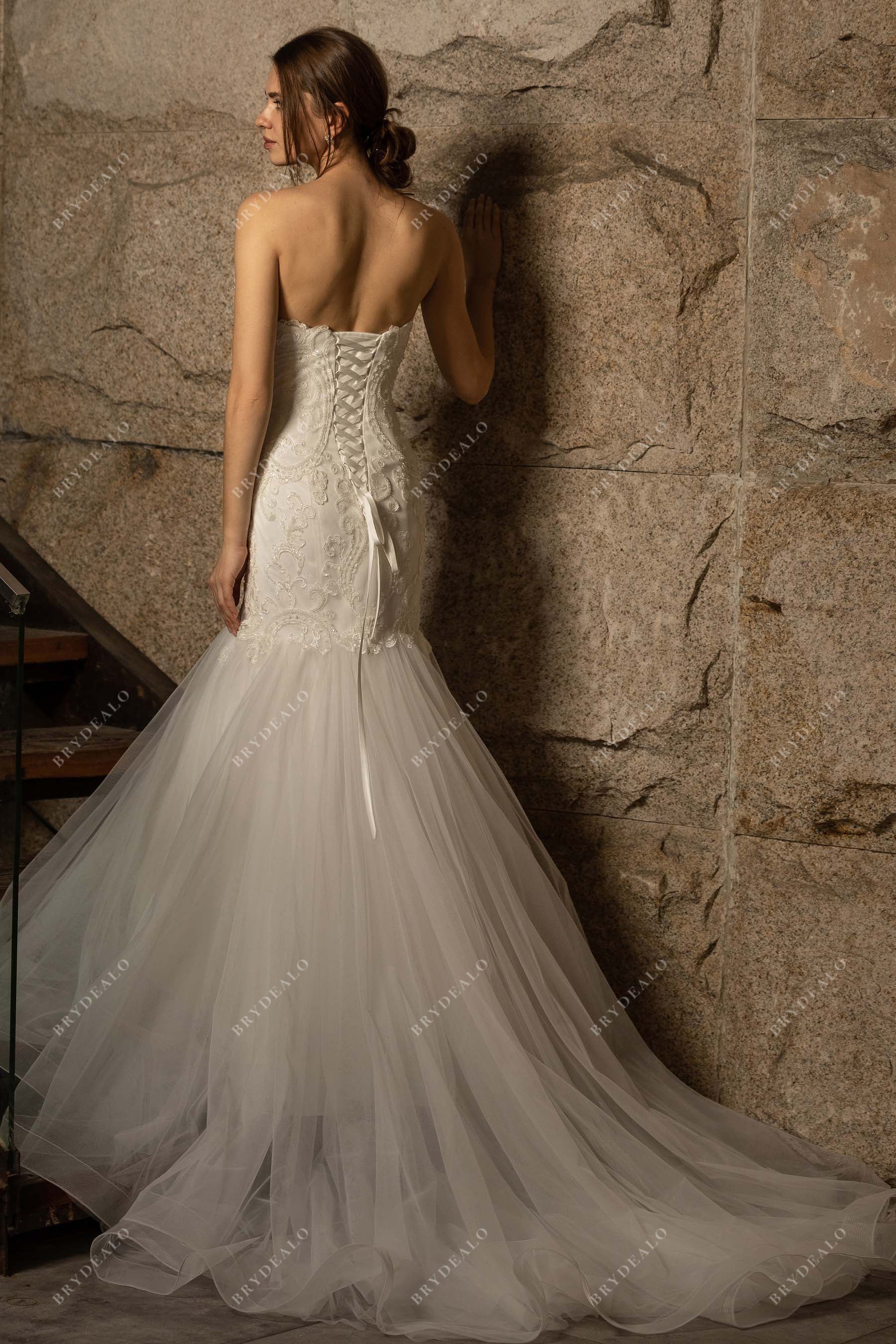 designer lace corset tulle trumpet wedding dress