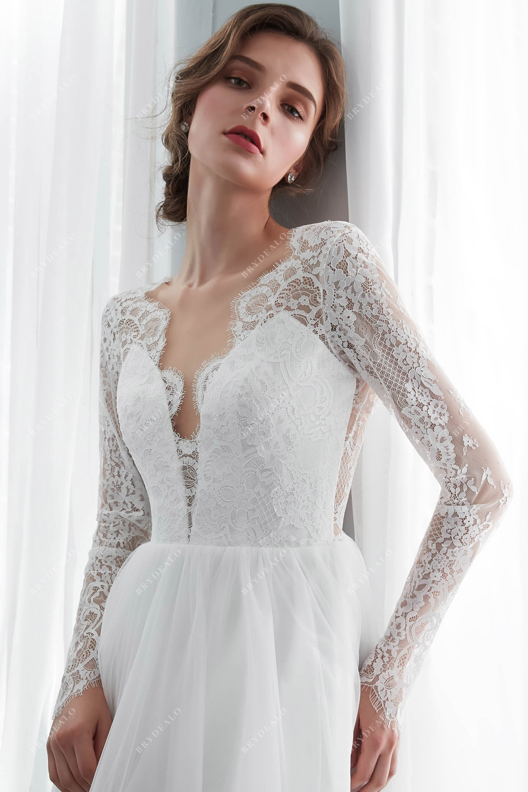 Illusion Long Sleeve Scallop Neck Summer Wedding Dress