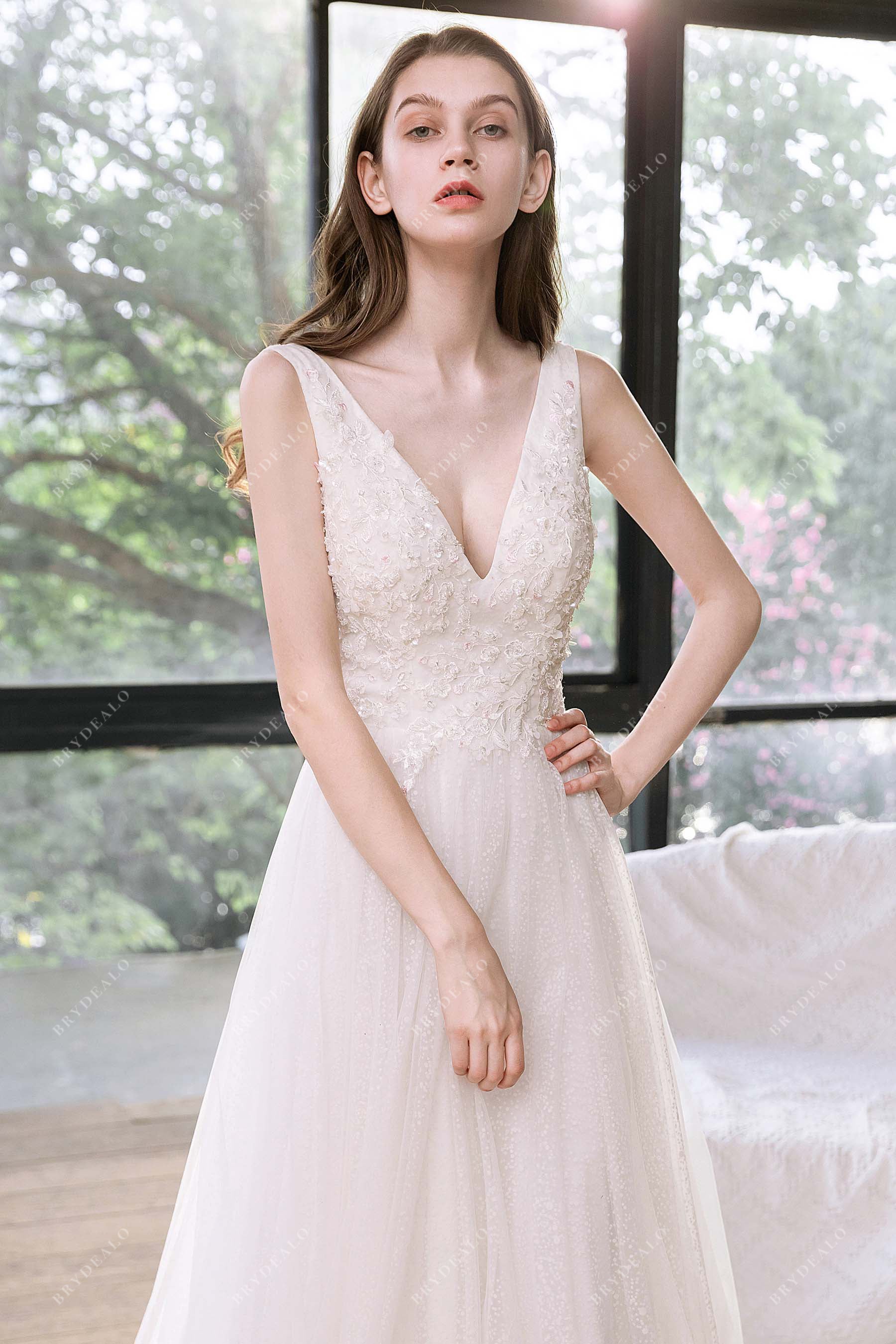 lace sleeveless sexy plunging V-neck wedding dress