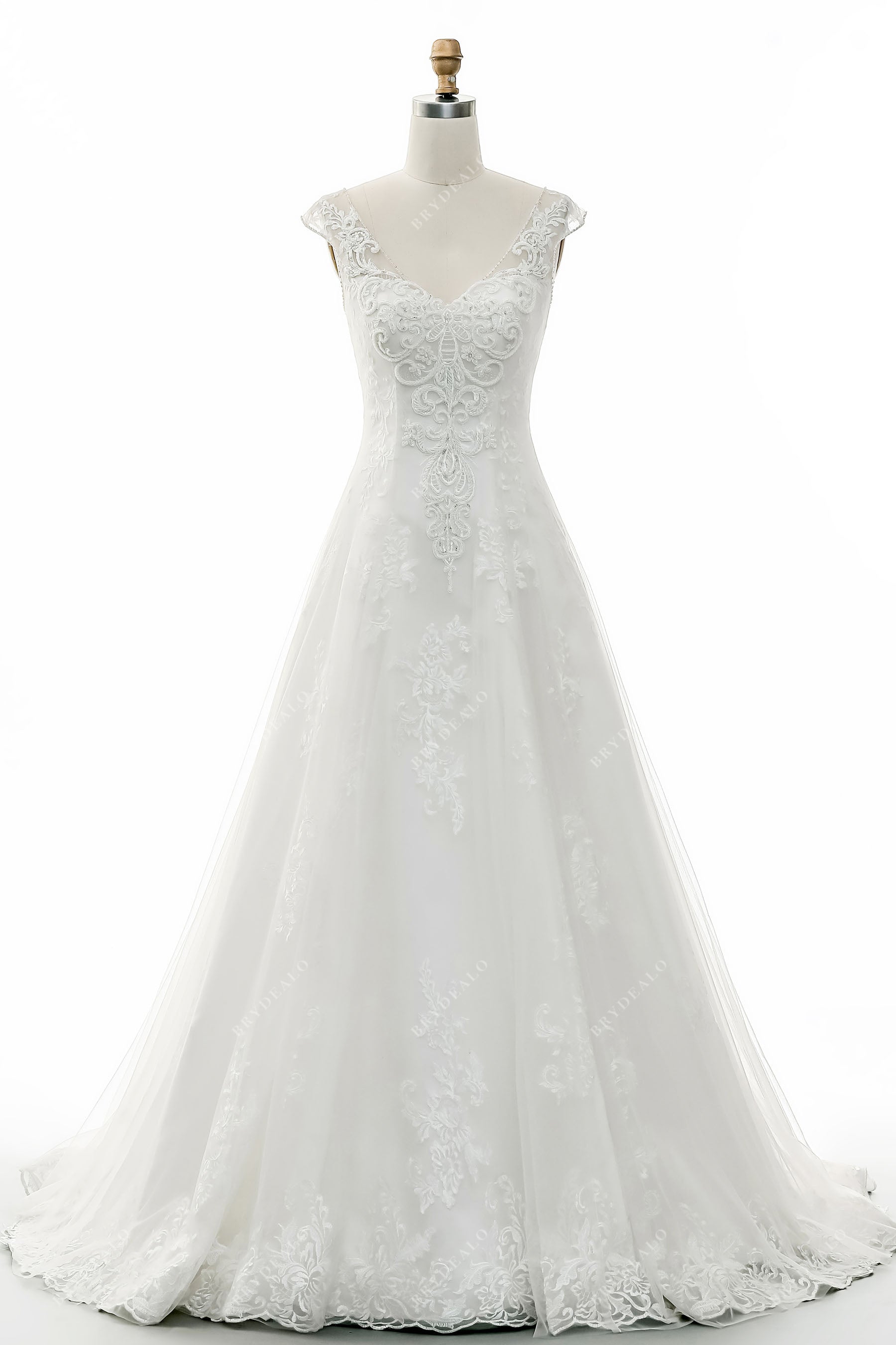 custom beaded lace overlaid tulle wedding gown