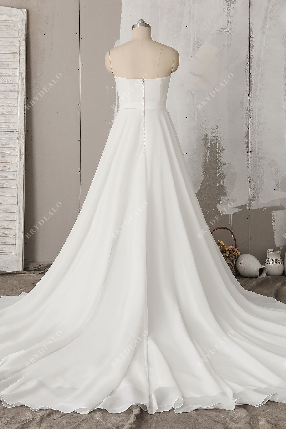 open back chiffon strapless spring wedding gown
