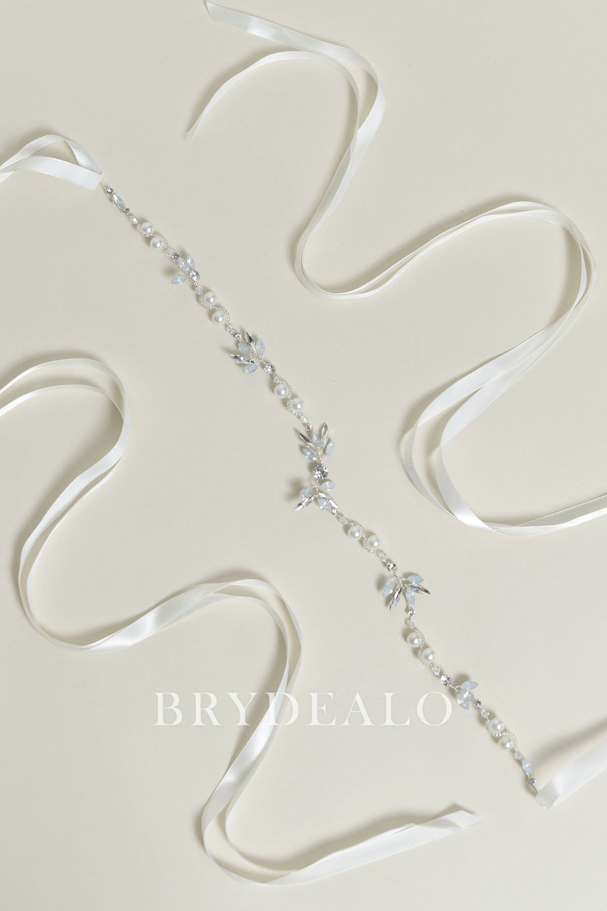Silver Dusty Blue Rhinestones Satin Bridal Sash 