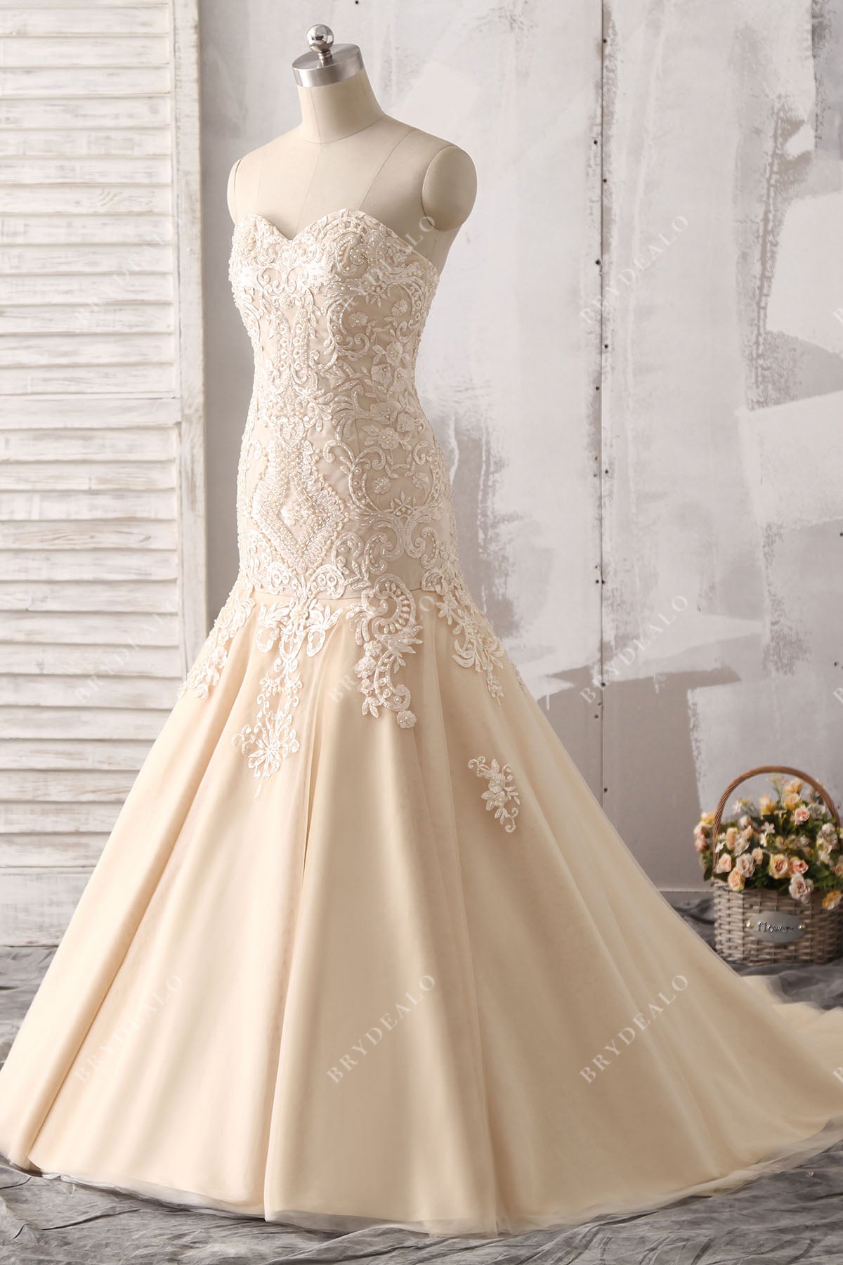 beaded appliqued trumpet bridal gown 