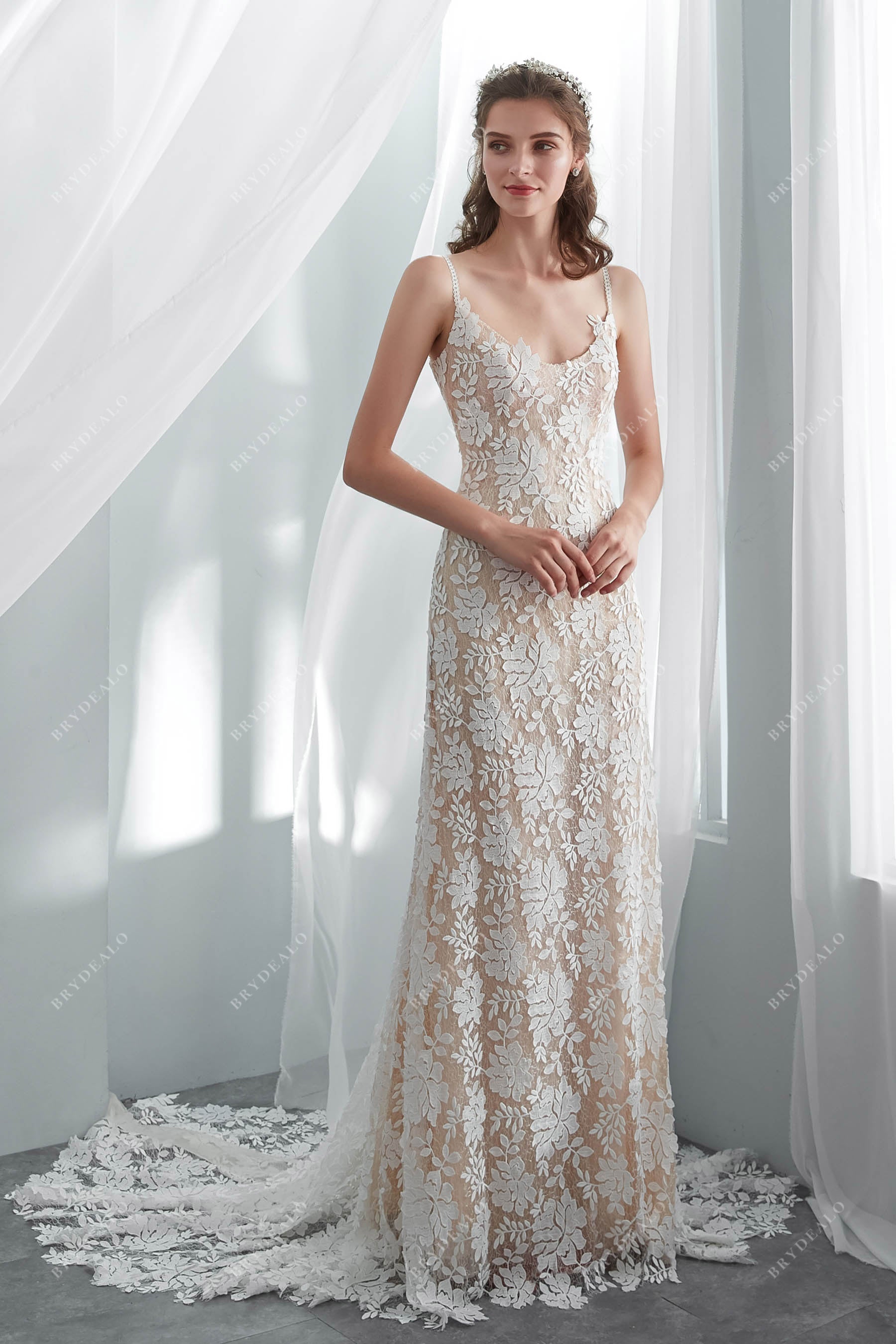 Designer Champagne Lace Scoop Neck Boho Wedding Dress