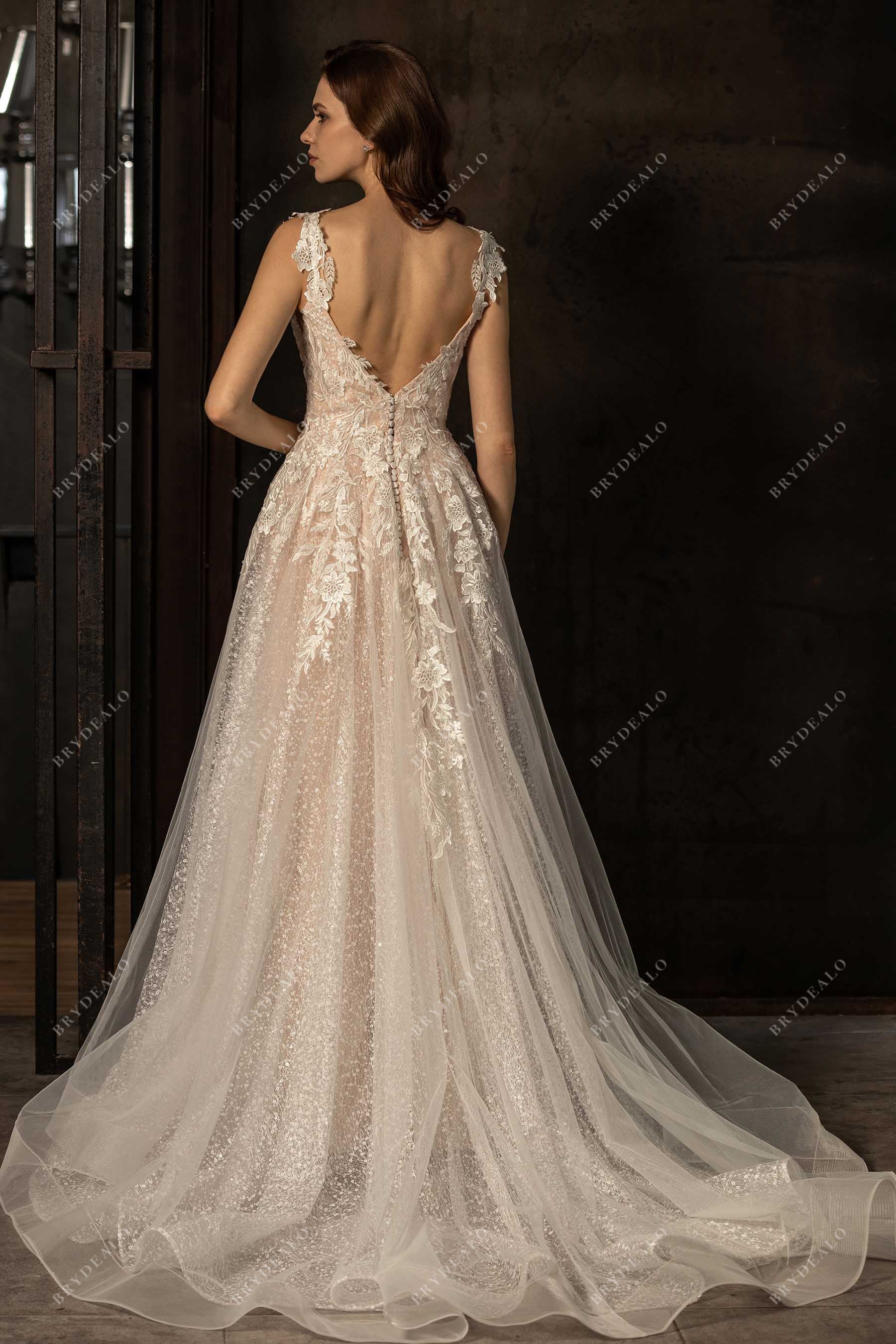 Nude Pink Designer A-line Long Train Wedding Dress 