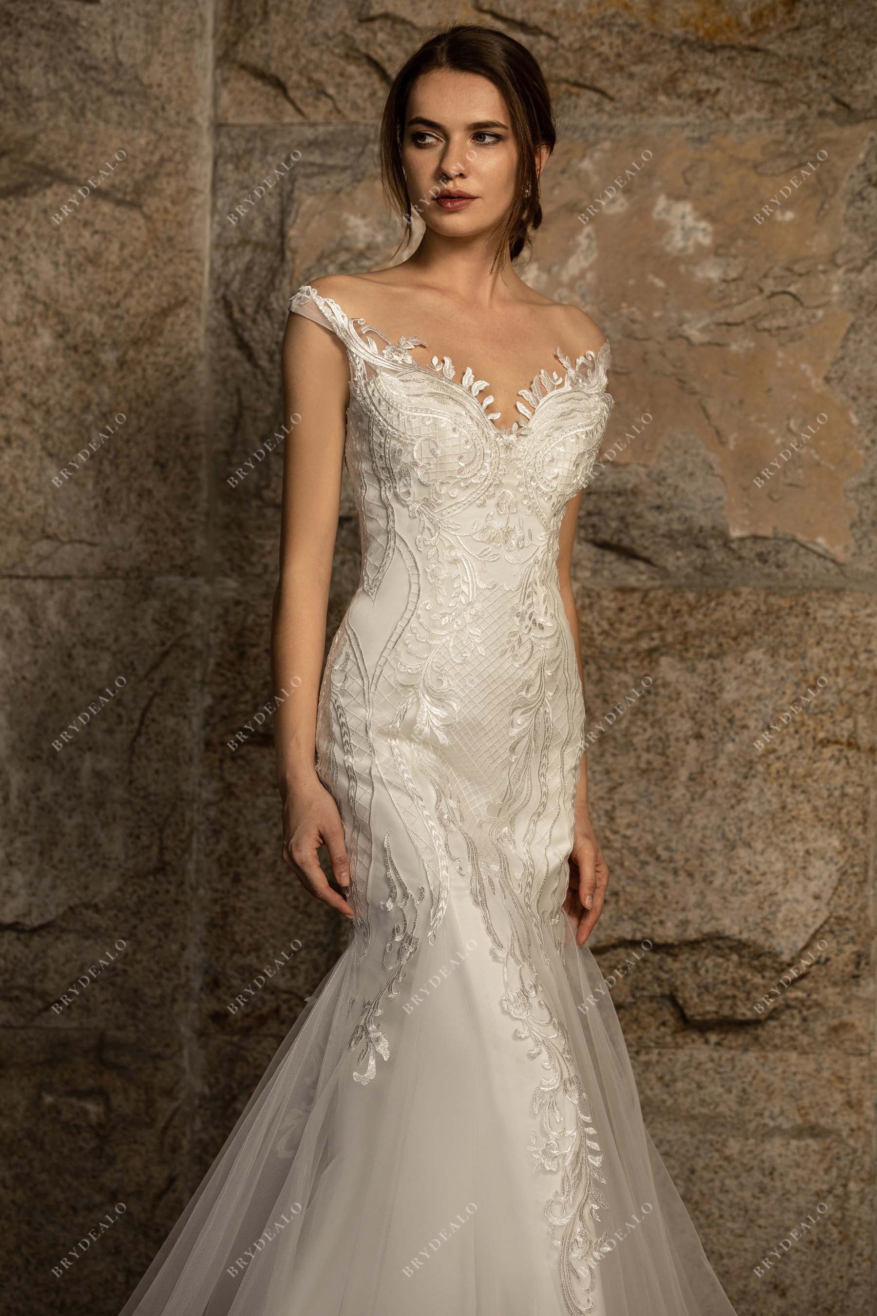 Off Shoulder Designer Lace Illusion Back Mermaid Wedding Dress Brydealo Off Shoulder Designer Lace Illusion Back Mermaid Wedding Dress Brydealo
