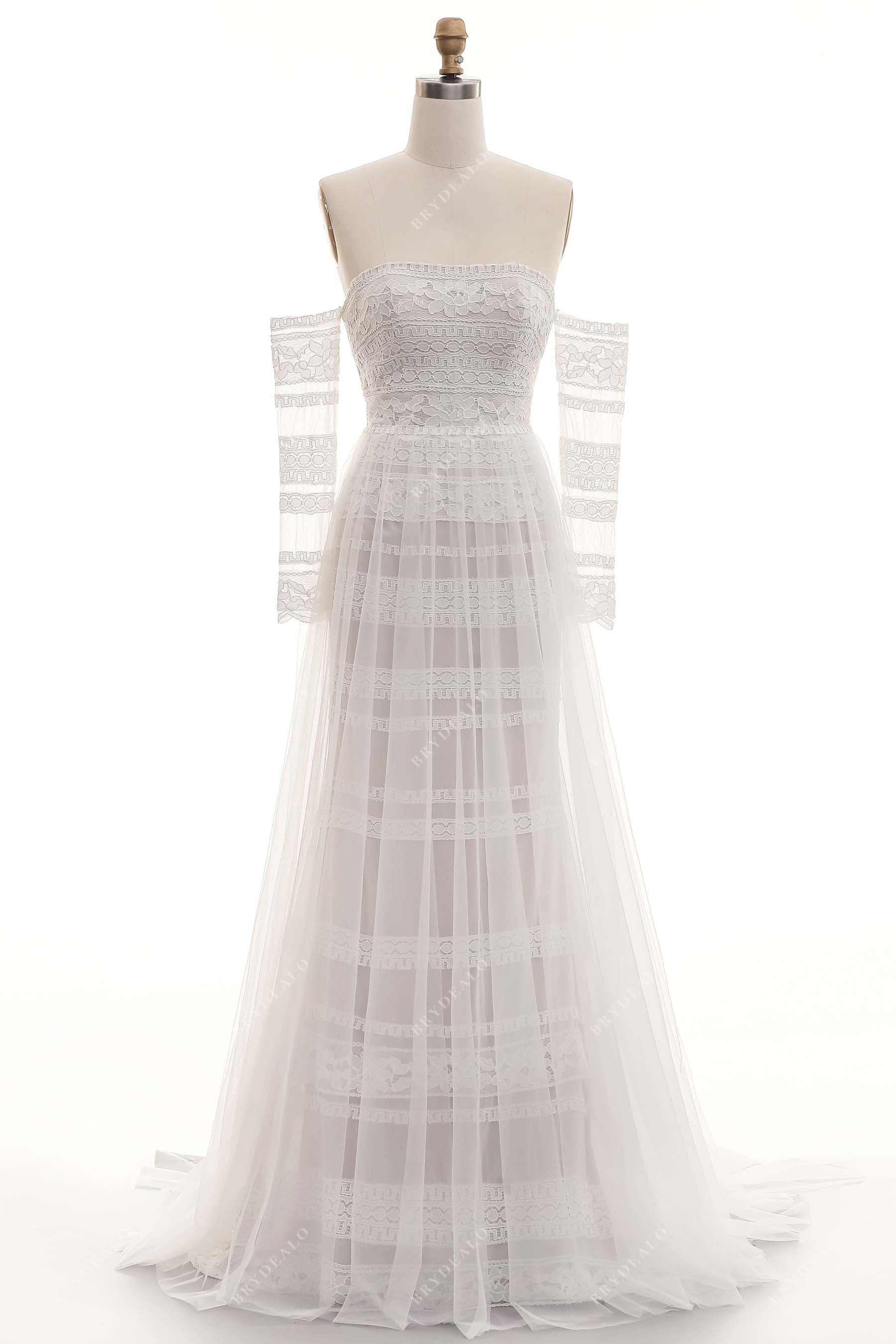 sheer lace sleeves A-line overskirt wedding gown