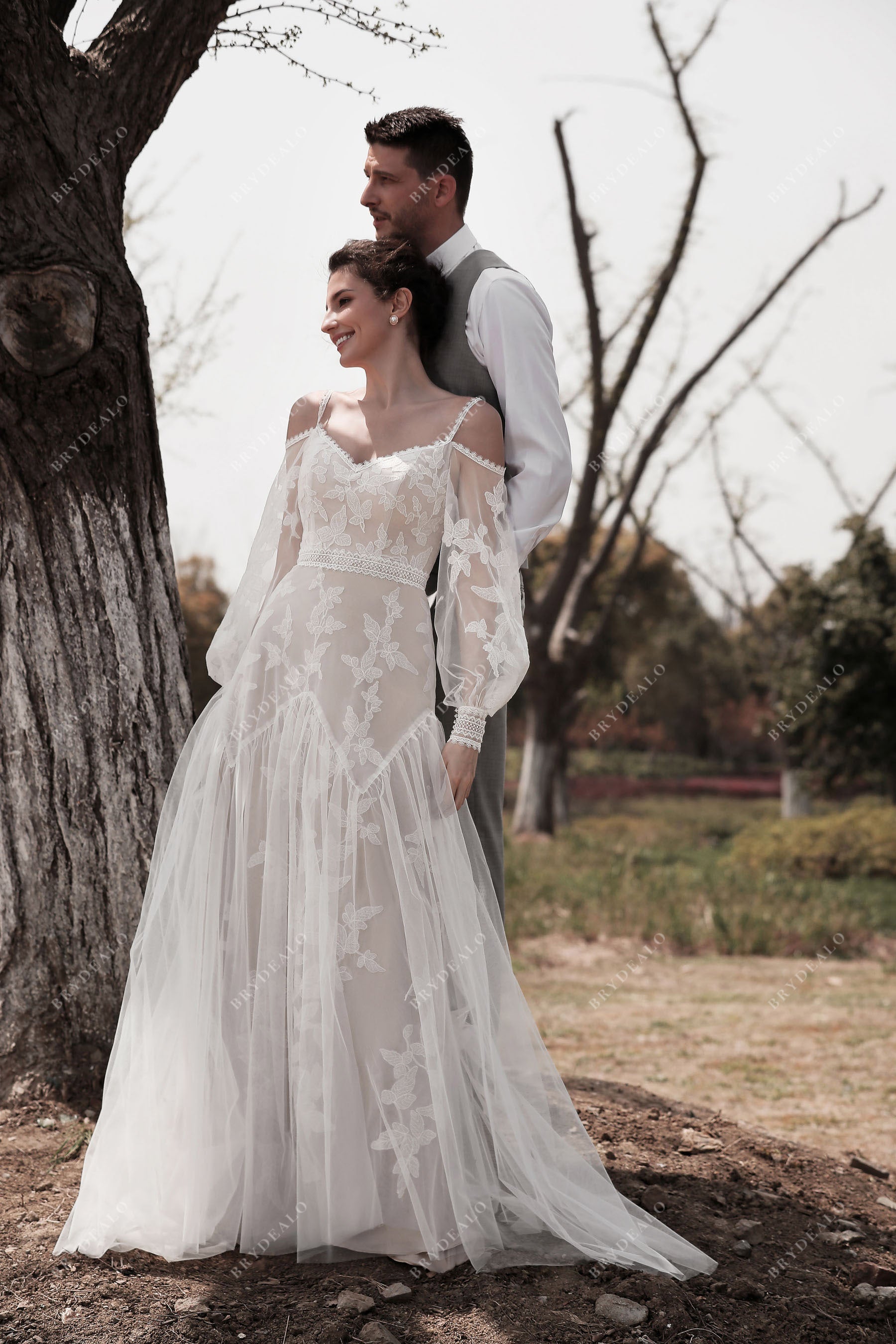 Butterfly Lace Cute Bell Sleeves Off Shoulder Bridal Dress