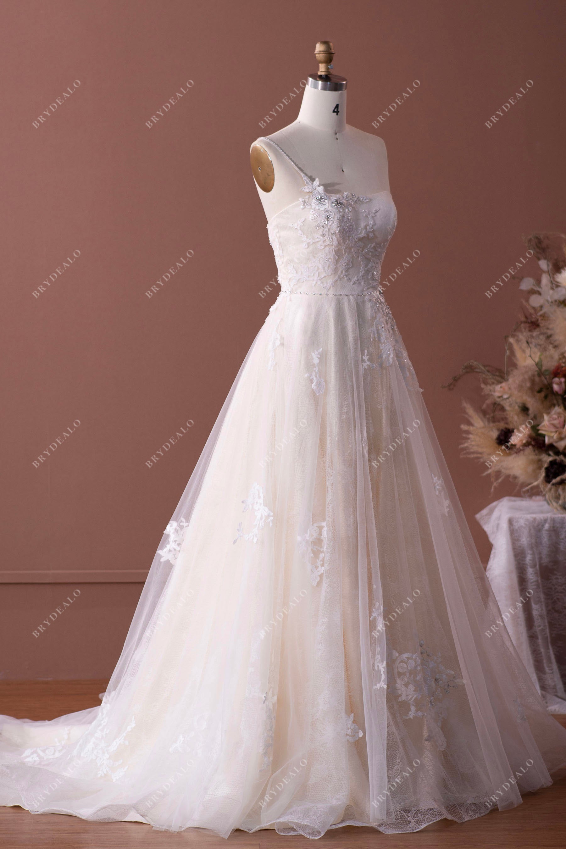 Beaded One Shoulder Lace Tulle Long A-line Wedding Dress Brydealo Beaded One Shoulder Lace Tulle Long A-line Wedding Dress Brydealo