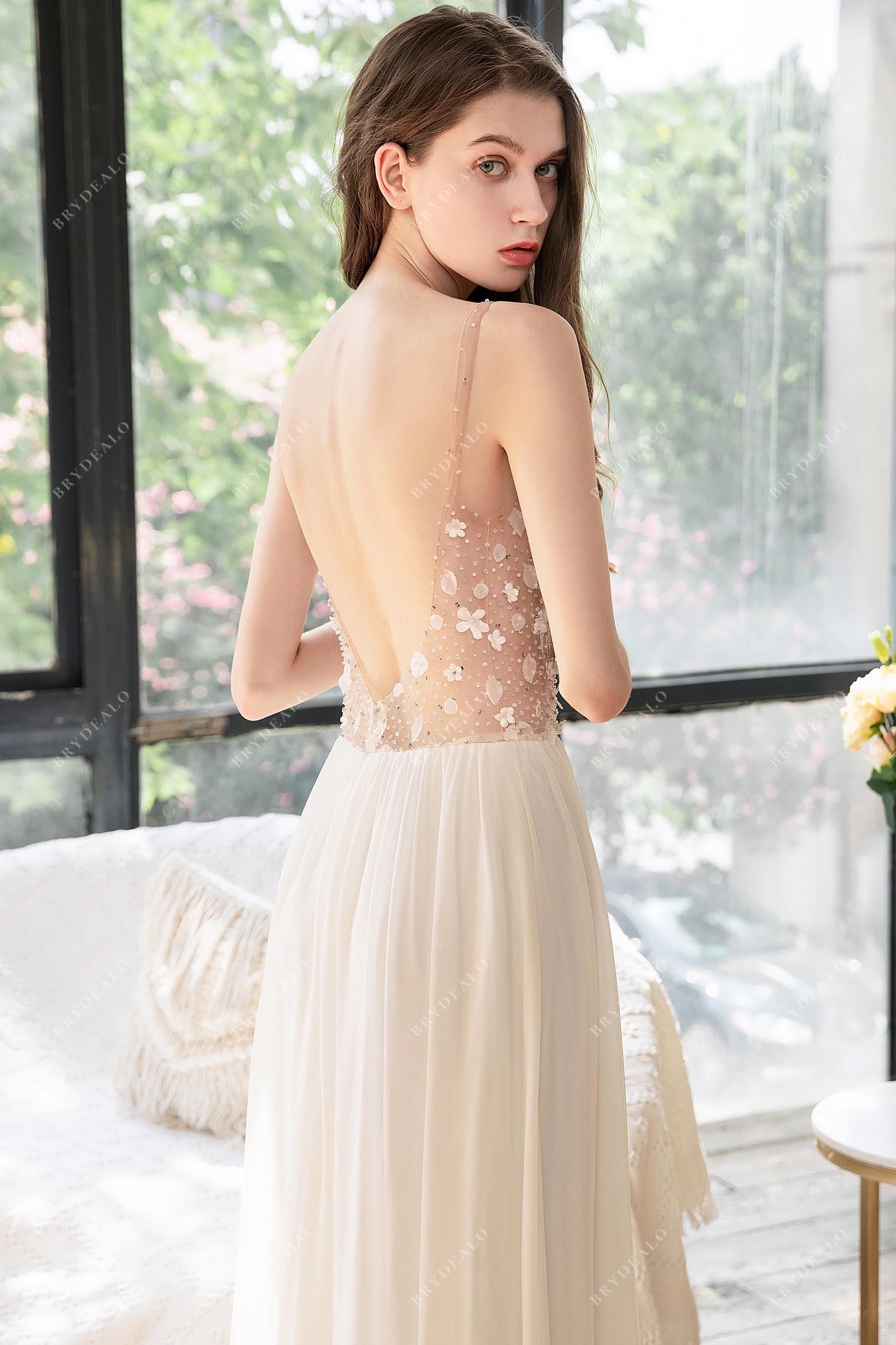 open back flower crystals beach bridal dress