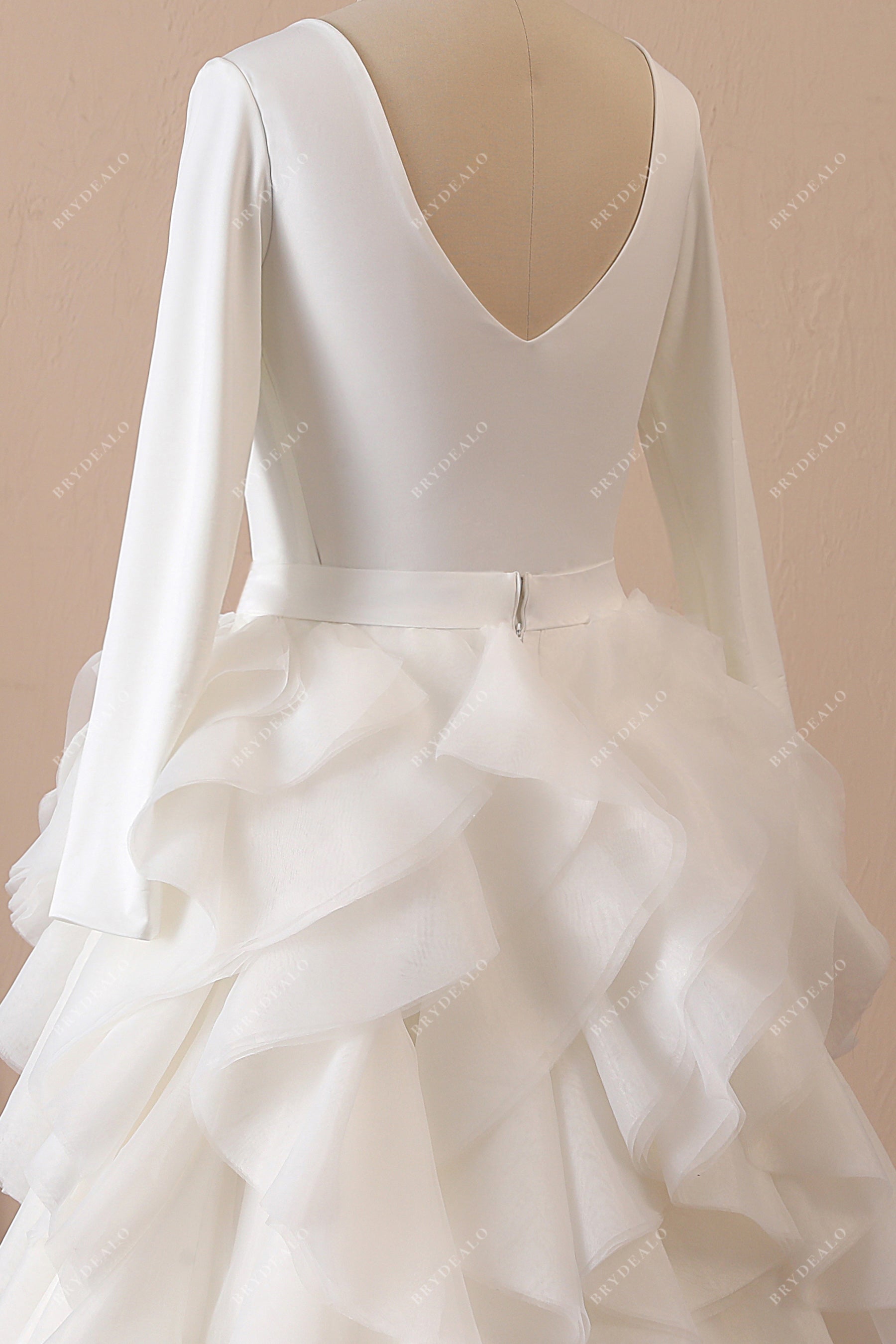 open back long sleeve crepe wedding dress