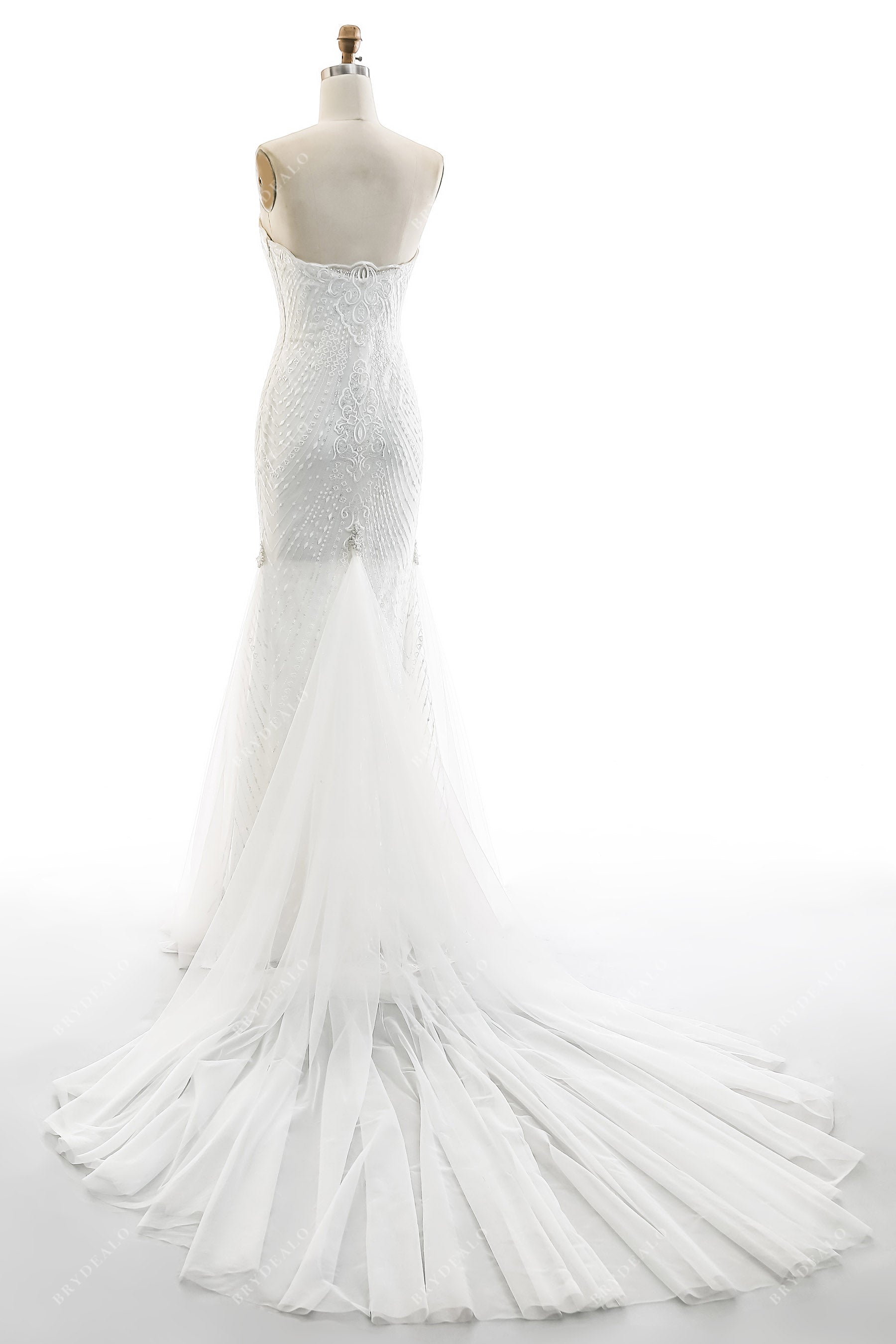 Long Train Open Back Strapless Beaded Lace Wedding Dress