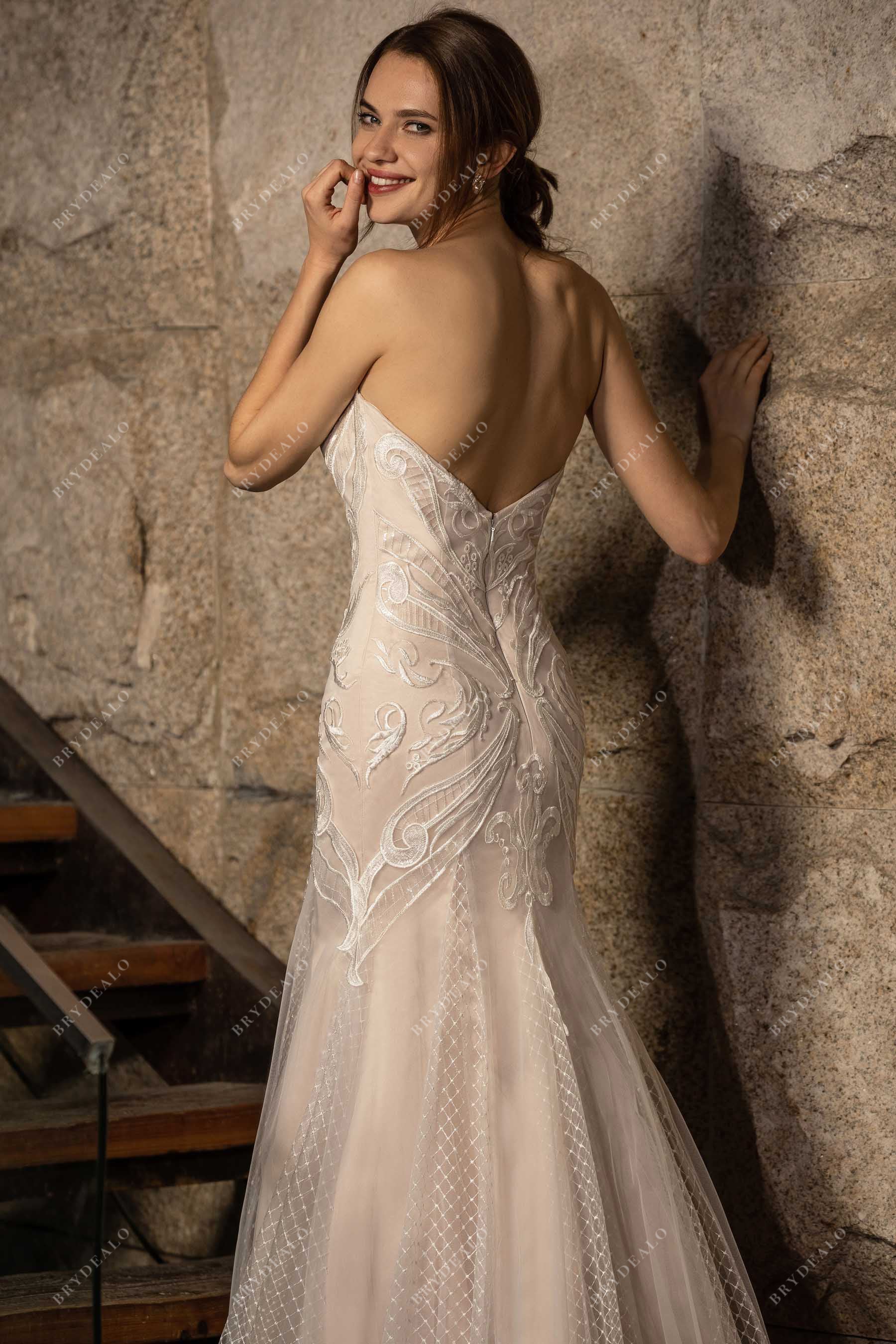 Designer Lace Nude Mermaid Wedding Dress: Strapless, Sweetheart, Chapel Train Brydealo Designer Lace Nude Mermaid Wedding Dress: Strapless, Sweetheart, Chapel Train Brydealo
