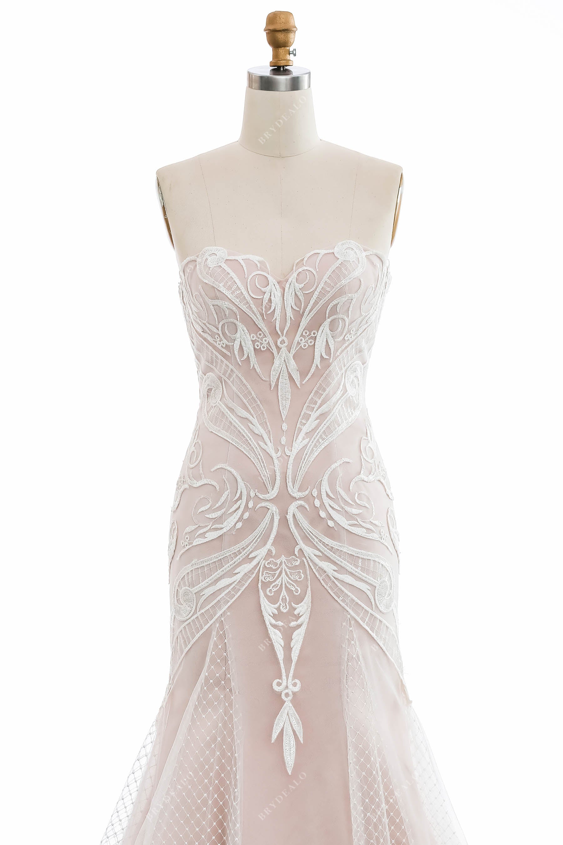 pearl pink strapless sweetheart lace outdoor wedding dress