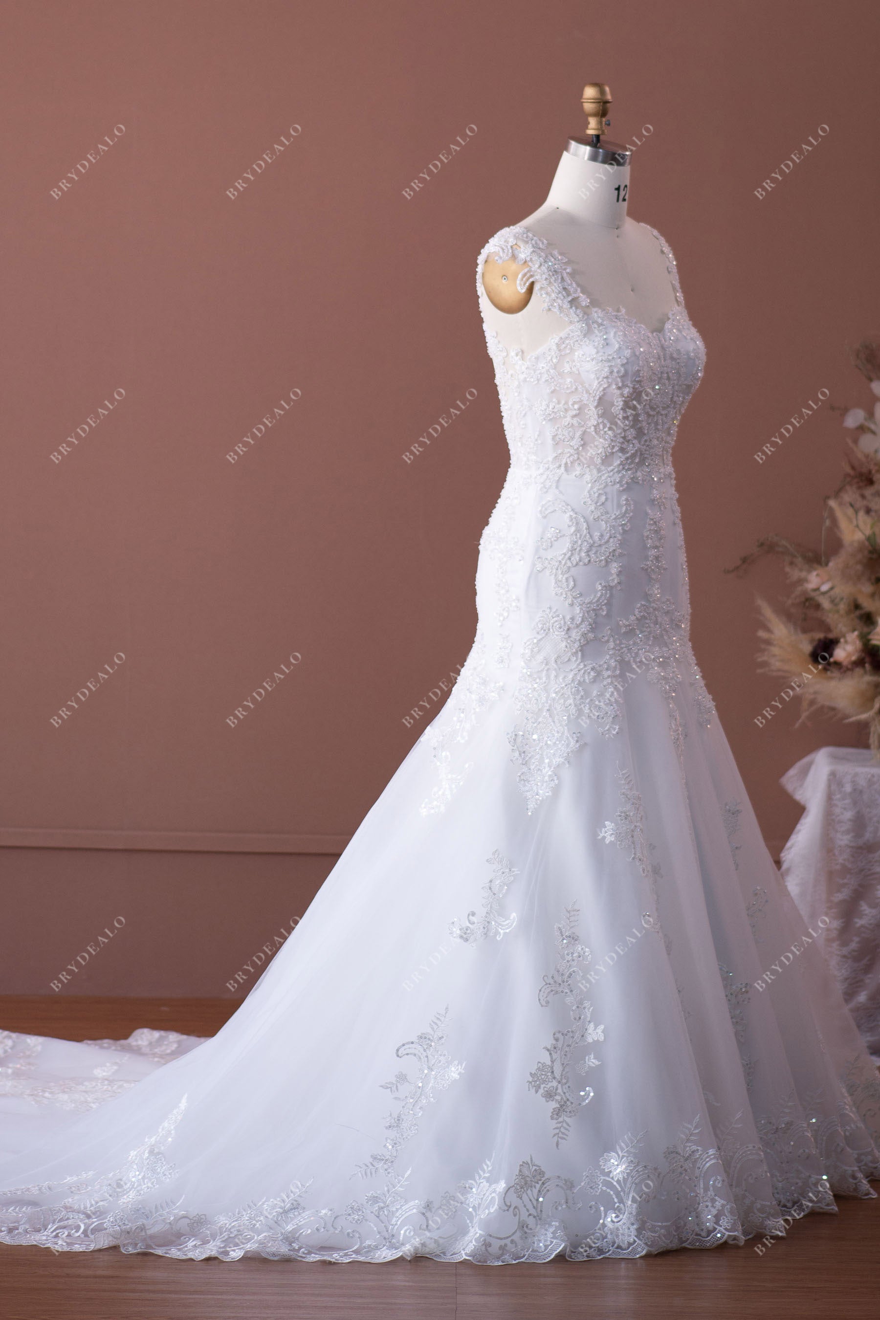 sleeveless trumpet lace tulle destination bridal gown