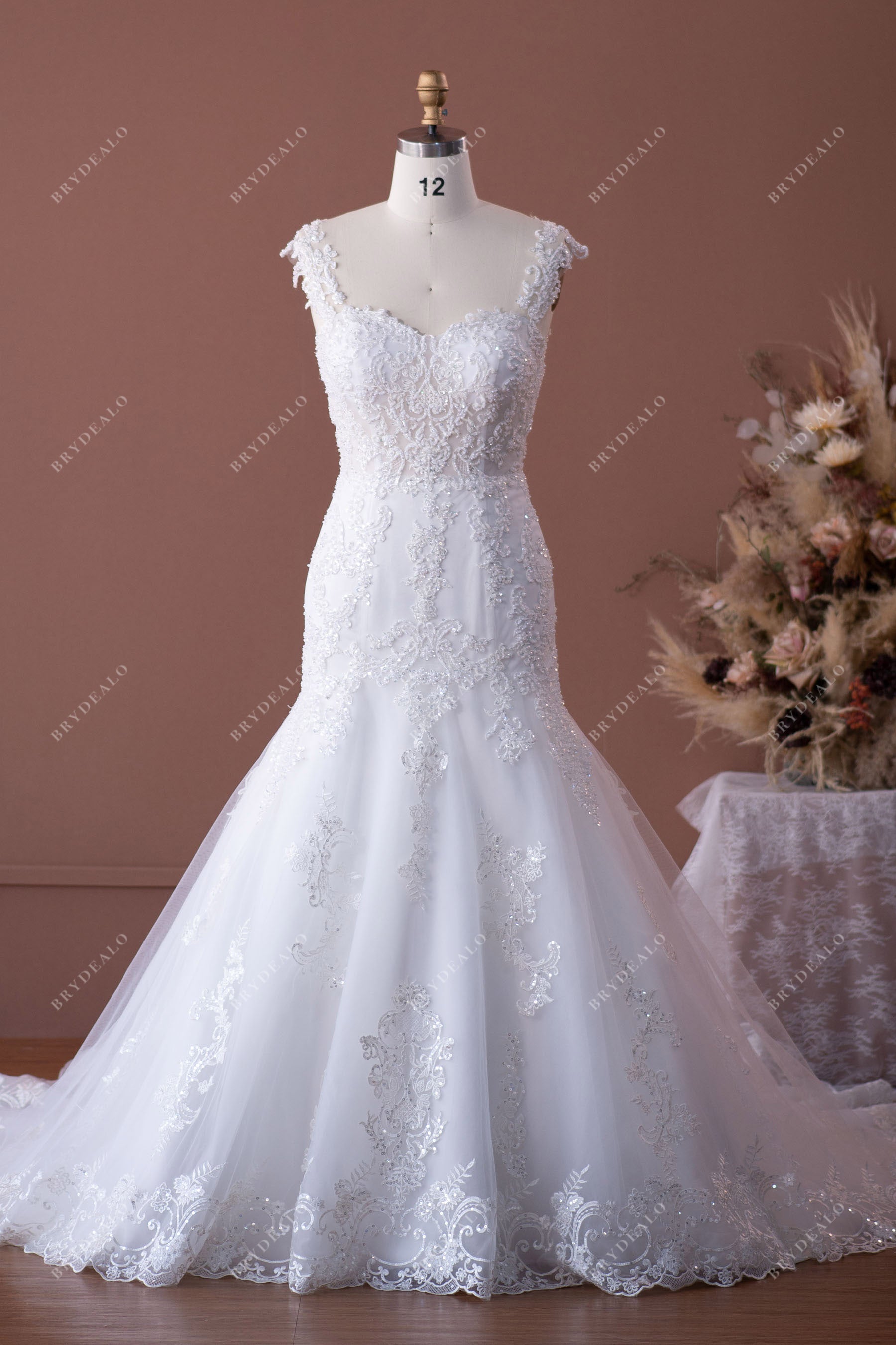Designer Lace Country Trumpet Chapel Train Wedding Dress