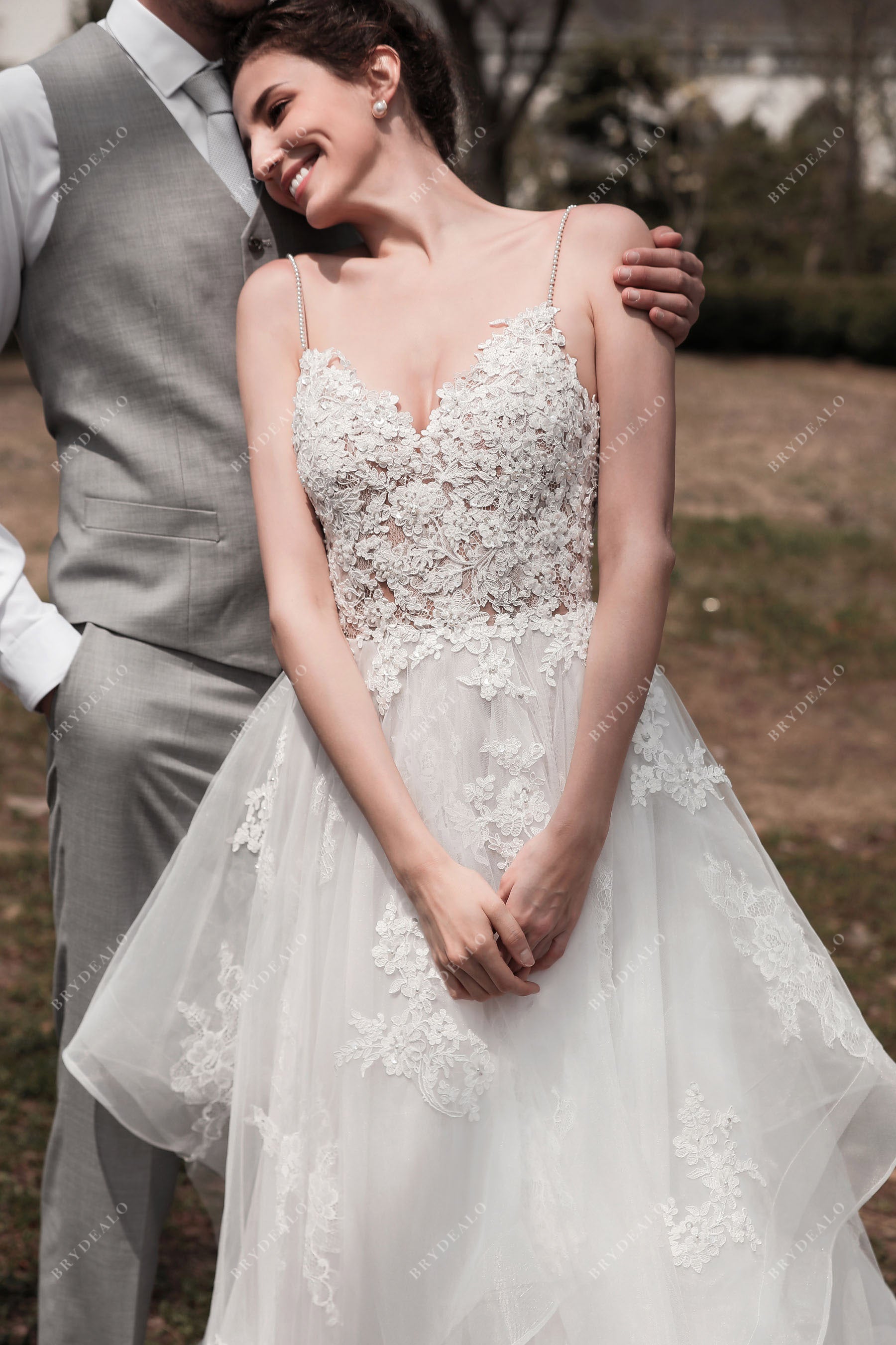 sweetheart neck lace thin straps bridal gown