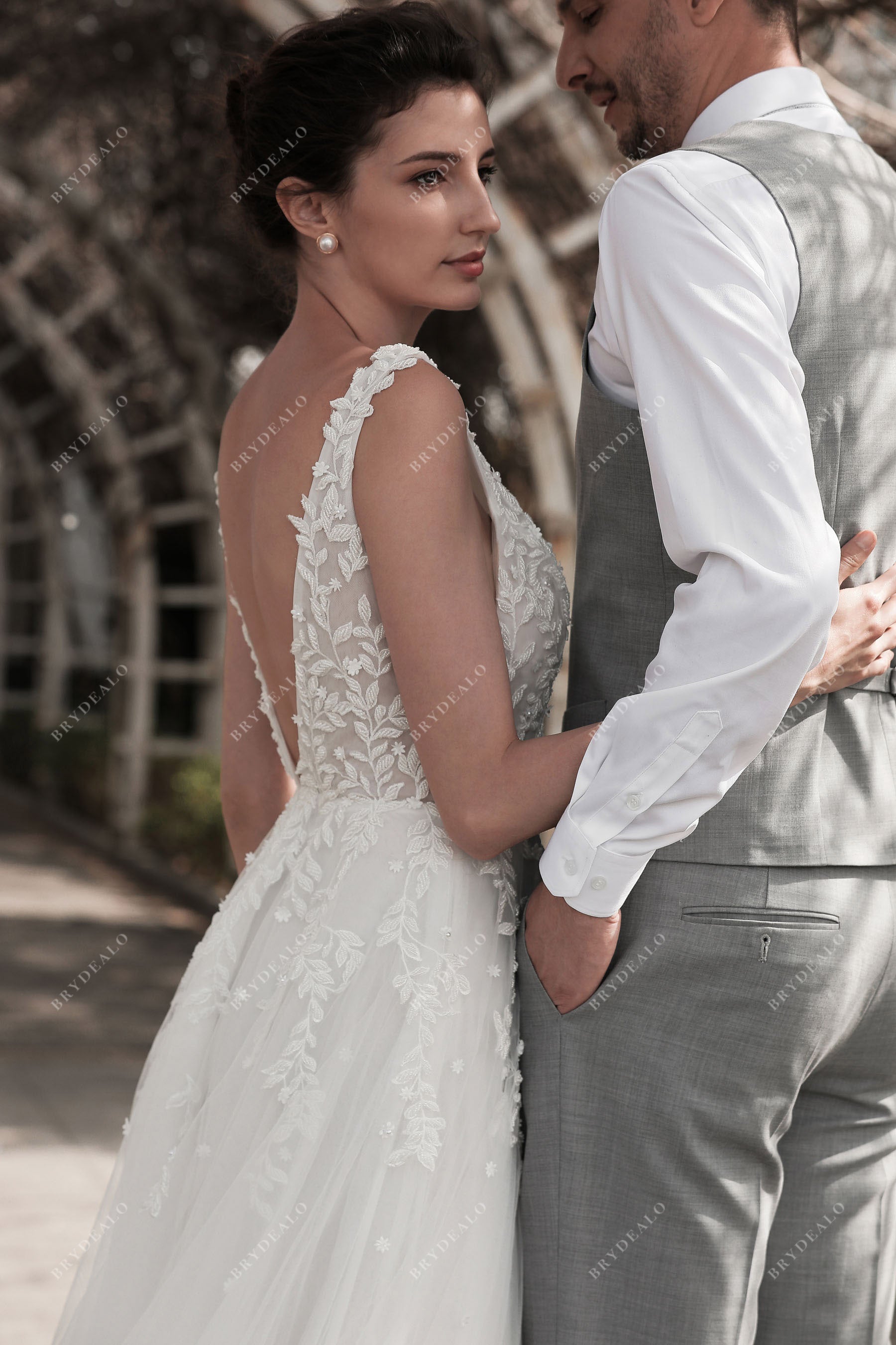 beaded lace sleeveless A-line bridal gown