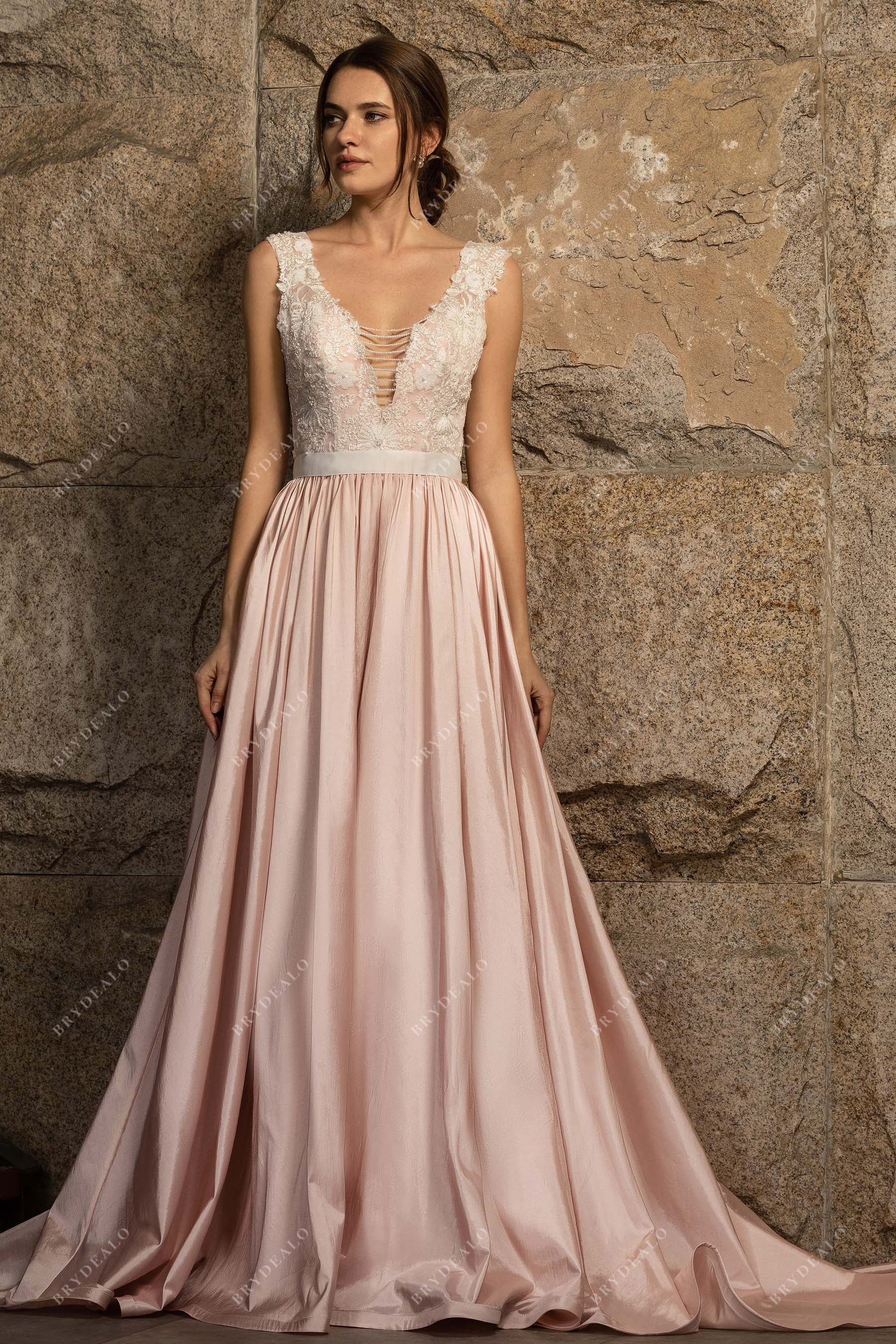 Dusty Rose Taffeta Designer Plunging Neck Lace Wedding Dress