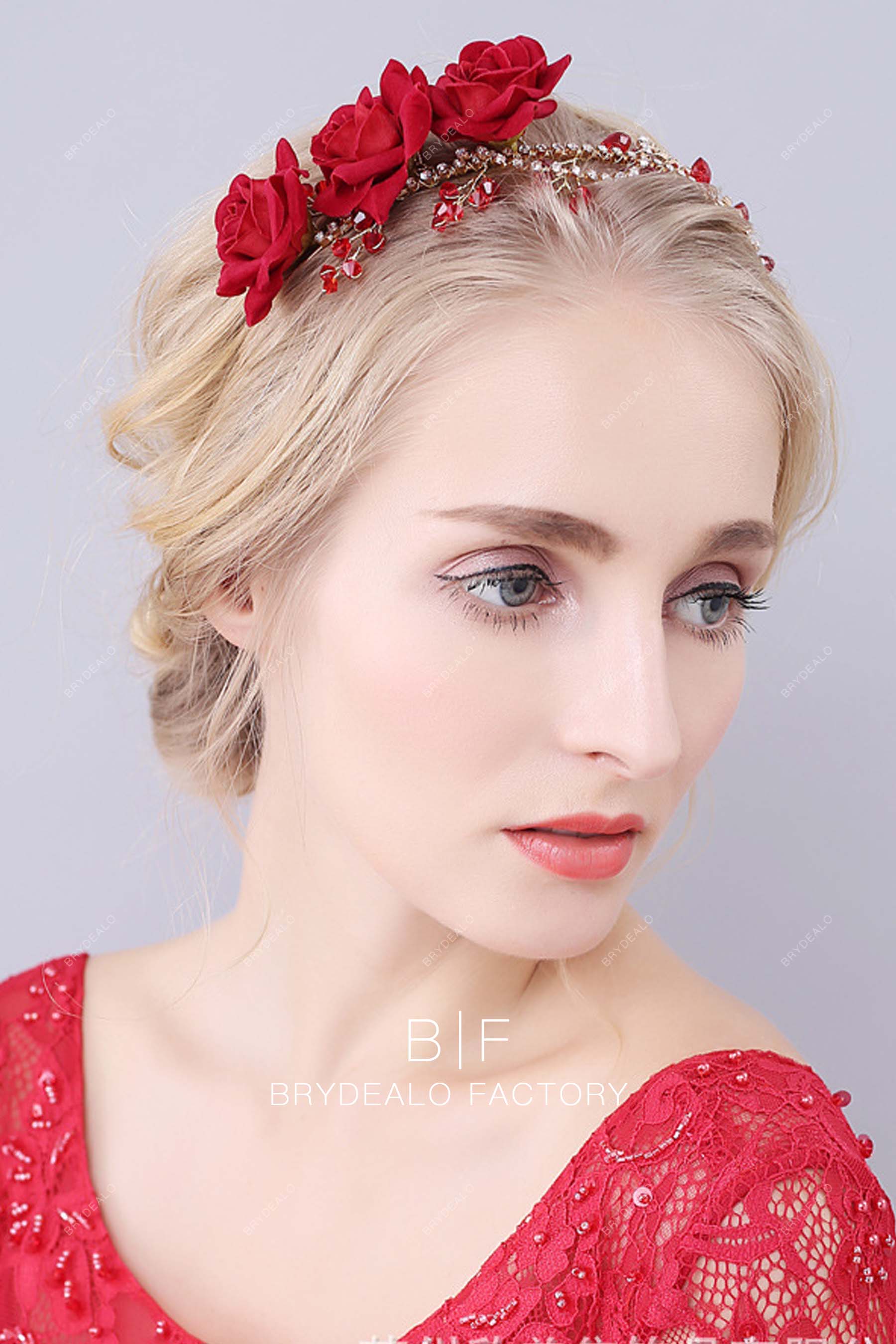 Red Velvet Roses Crystal Rhinestone Bridal Headband 